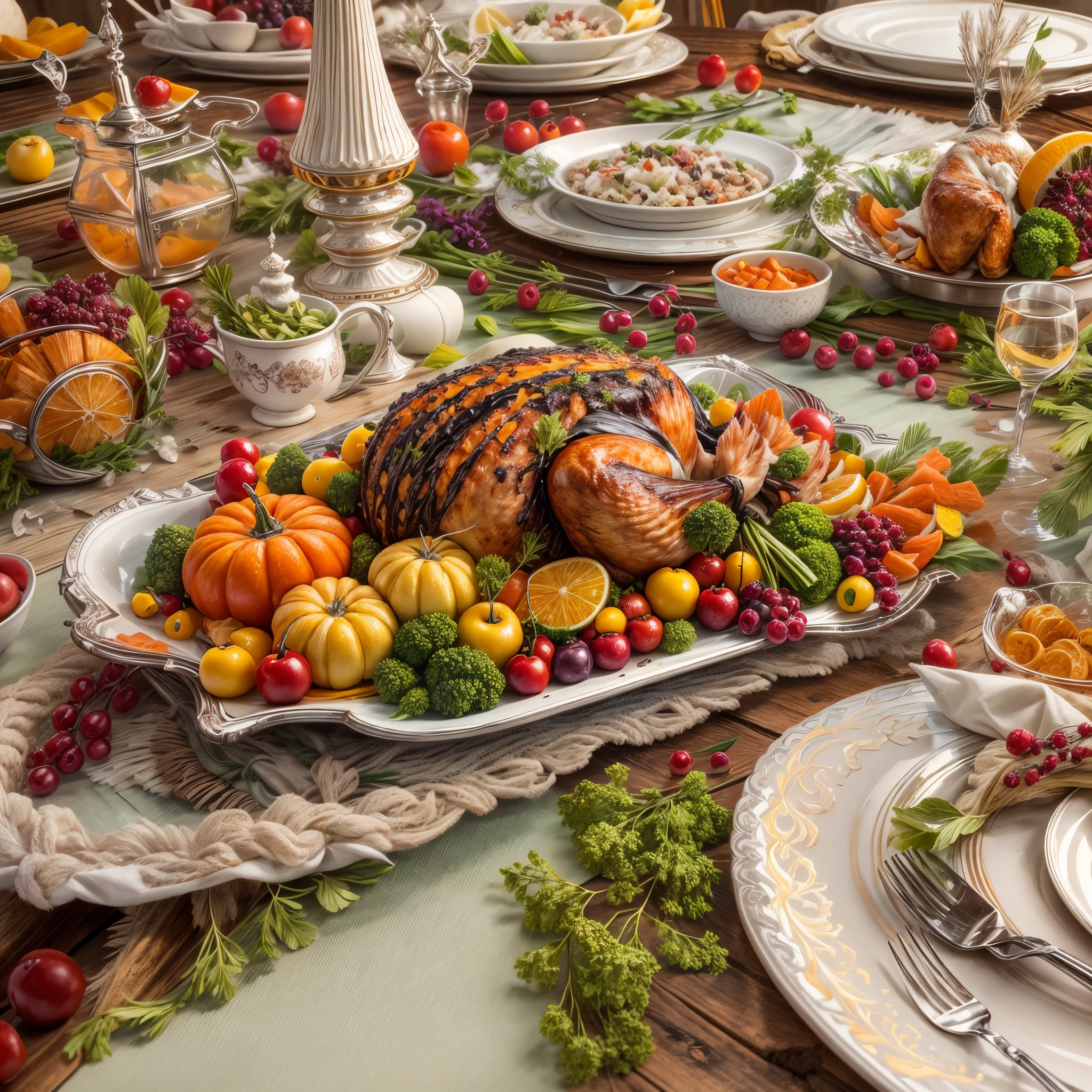 (tmasterpiece),（ultra - detailed: 1.3），Best quality at best，（In this image，We will present a creative and imaginative Thanksgiving turkey plate。This turkey platter is more than just a delicious di a work of art，Demonstrates a unique understanding and creative expression of Thanksgiving。 Above all，The shape of the turkey plate is not the traditional round or oval shape，It&#39;s a three-dimensional turkey shape。The entire plate consists of various ingredients and decorations，Forming a lifelike image of a turkey。Turkey body part shaped from golden mashed potatoes，The surface is delicate and smooth，Like a sculptural work of art。Turkey feathers are made from french fries、Composed of shredded carrots, banana slices and other ingredients，vibrant with colors，true to life。 The eyes of the turkey plate are two crystal clear cherries，Twinkle with an alluring light，As if watching the diners。Its beak is made of red and yellow pepper flakes，forming a vivid mouth。The edge of the plate is decorated with various vegetables and fruits，like broccoli、carrots、grapes, etc，Create a colorful festive atmosphere。 The whole turkey plate is placed under a leaf and flower decoration，It seems like a lifelike turkey happily welcoming the arrival of Thanksgiving。This image not only shows the allure of delicious food，Incorporating more artistic elements，Let people enjoy the delicious food at the same time，You can also enjoy a visual feast，vivd colour，bright，1.4x more realism，hyper HD，Everything is displayed in this beautiful scene，（The content is very detailed，Reasonable design，Clear lines，High- sharpness，tmasterpiece，offcial art，movie light effect，8K，Ultra-high saturation，Vibrant colors）