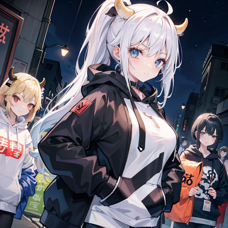 1个Giant Breast Girl, little breast,Stitched face, Patchwork of skin, Keep your mouth shut, long_the hair, light smile,城市,the street, White high ponytail hair, ,sutured_the face,patchwork_The skin,cow boy shot,( hoody),(Hands in your pockets),Wear a sweatshirt underneath