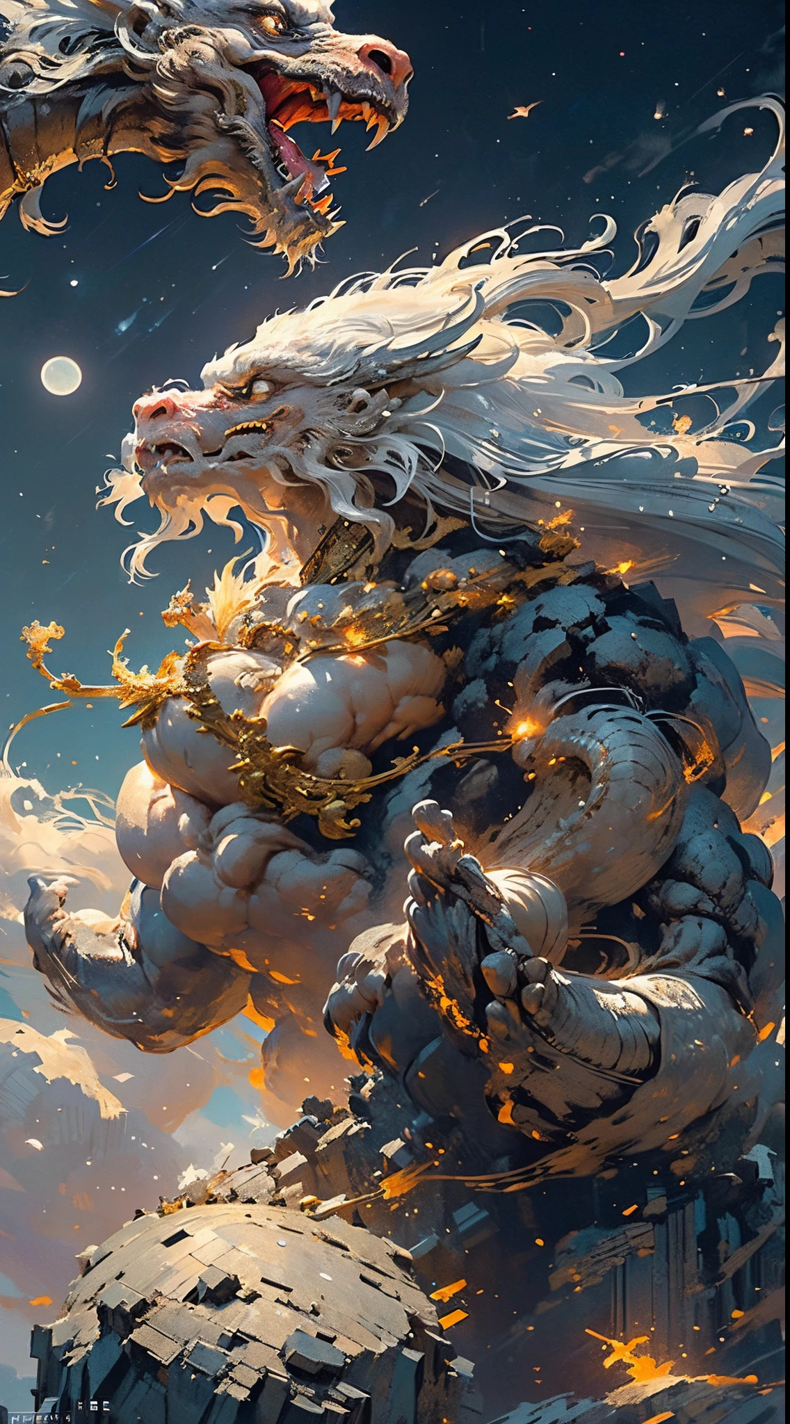 （(His works have won many awards, With incredible details, textures and maximum detail，(フォトリアリスティック))），Describing people and dragons being together，（chinesedragon：1.6），（sky sky， surrounded by cloud），（Chinese mythology：1.2），like a dream、Mito、high high quality、((big eagle,shapely man))，((Big muscle man))，（Handsome face：1.4)，（Messy White Hair），(Anatomically correct limbs and physique:1.5), (Anatomically correct perspective and occlusion：1.5)，(Gender characteristics are very obvious：1.5)，(correct faces), ((add some scenes：Moon Night，temple ruins，A huge full moon lights up the night sky，(( (Complicated details:1.1), the complex background))， ((dynamic viewing angle+dynamic combination))，Correct anatomy，