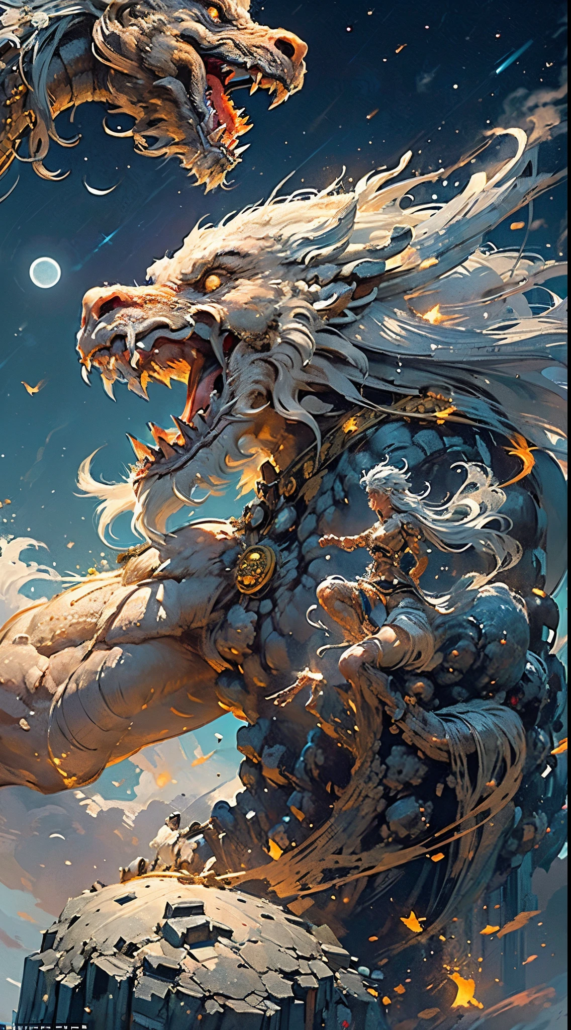 ((His works have won many awards, With incredible details, textures and maximum detail,(フォトリアリスティック))),Describing people and dragons being together,(chinesedragon:1.6),(sky sky, surrounded by cloud),(Chinese mythology:1.2),like a dream、Mito、high high quality、((big eagle,shapely man)),((Big muscle man)),(Handsome face:1.4),(Messy White Hair),(Anatomically correct limbs and physique:1.5), (Anatomically correct perspective and occlusion:1.5),(Gender characteristics are very obvious:1.5),(correct faces), ((add some scenes:Moon Night,temple ruins,A huge full moon lights up the night sky,(( (Complicated details:1.1), the complex background)), ((dynamic viewing angle+dynamic combination)),Correct anatomy,