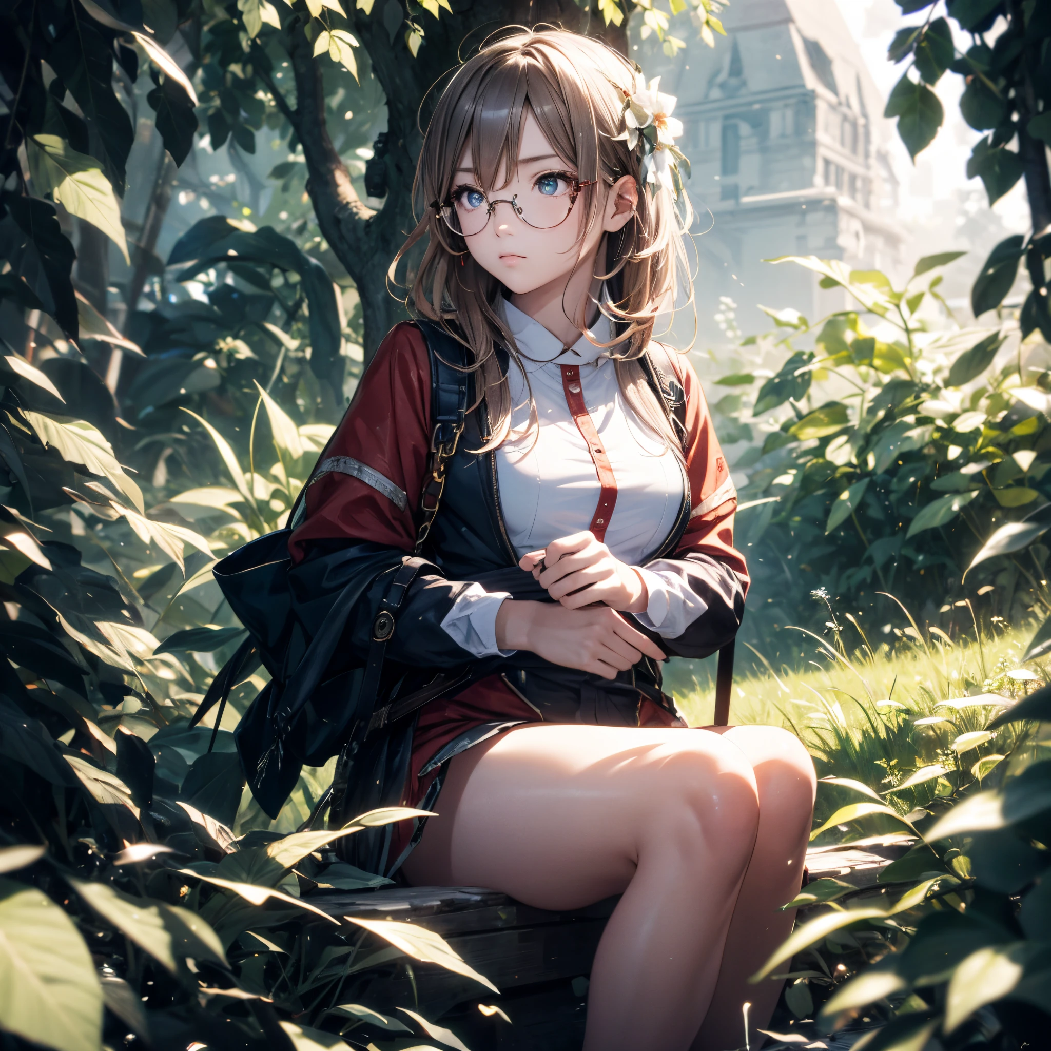 girl with, sitting on, sideshot, (Skysky:1.3), (​masterpiece, top-quality, Near and far law, depth of fields:1.5), florals, Rocky mountain, the woods, beautiful countenance, thighs thighs thighs thighs, frombelow, 8k, Raw foto, absurderes, Impresionismo, (Tom Thomson, Claude Monet, Joaquin Sorolla, James Wilson Morris, Jon Fabian Aluson, Hugh Henry Breckenridge:0.8), HDR, Photorealsitic, film grains, chromatic abberation, hight resolution, ultra-detailliert, finely detail, 动态照明, Dramatic lighting、shadowy、Sharp focus、extremely detailed eye and face、Sharp pupils、Realistic pupils、eye glass