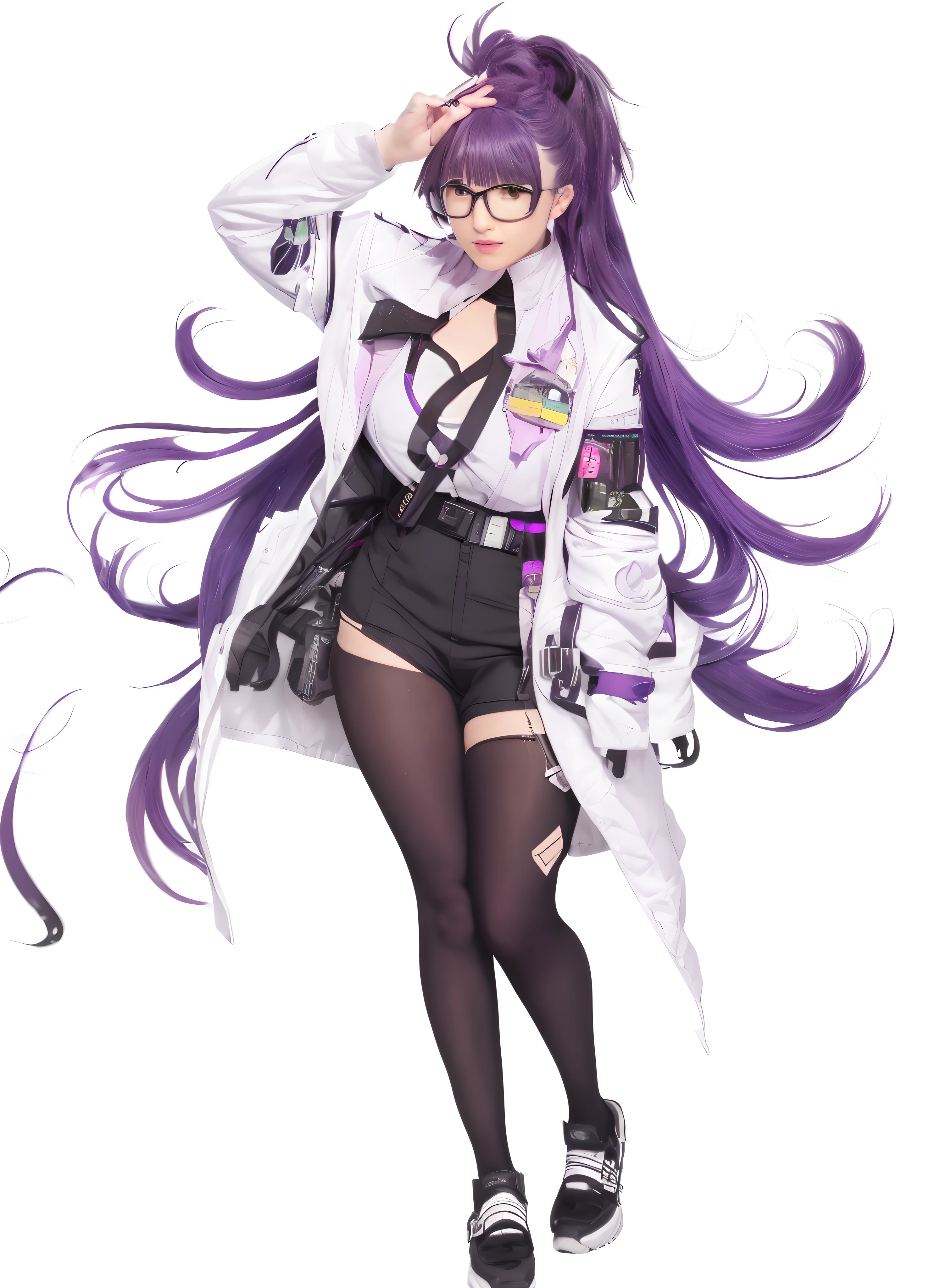 a close up of a person with a purple hair and glasses, from girls frontline, kda, ayaka genshin impact, full body xianxia, girls frontline style, official character art, fine details. girls frontline, girls frontline universe, anime moe artstyle, wearing lab coat and glasses, cushart krenz key art feminine