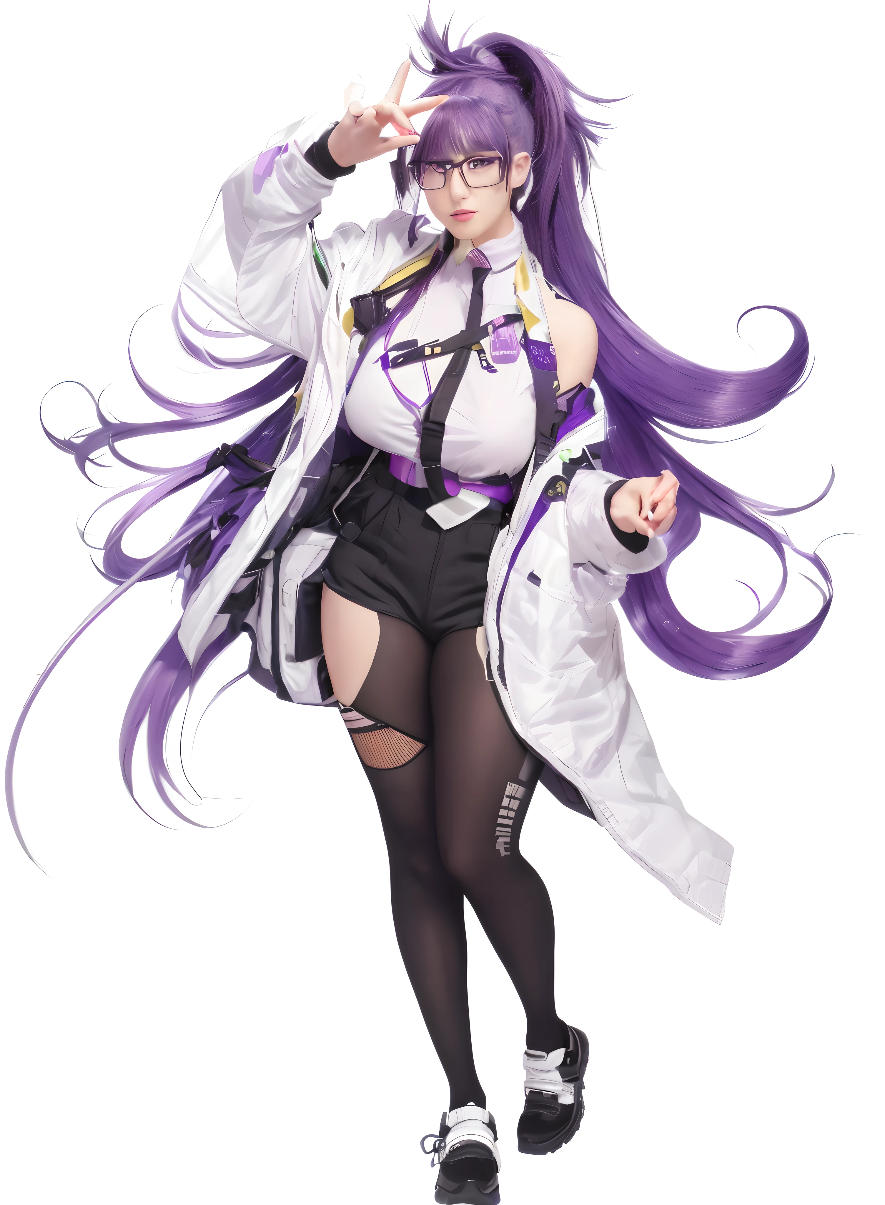 a close up of a person with a purple hair and glasses, from girls frontline, kda, ayaka genshin impact, full body xianxia, girls frontline style, official character art, fine details. girls frontline, girls frontline universe, anime moe artstyle, wearing lab coat and glasses, cushart krenz key art feminine