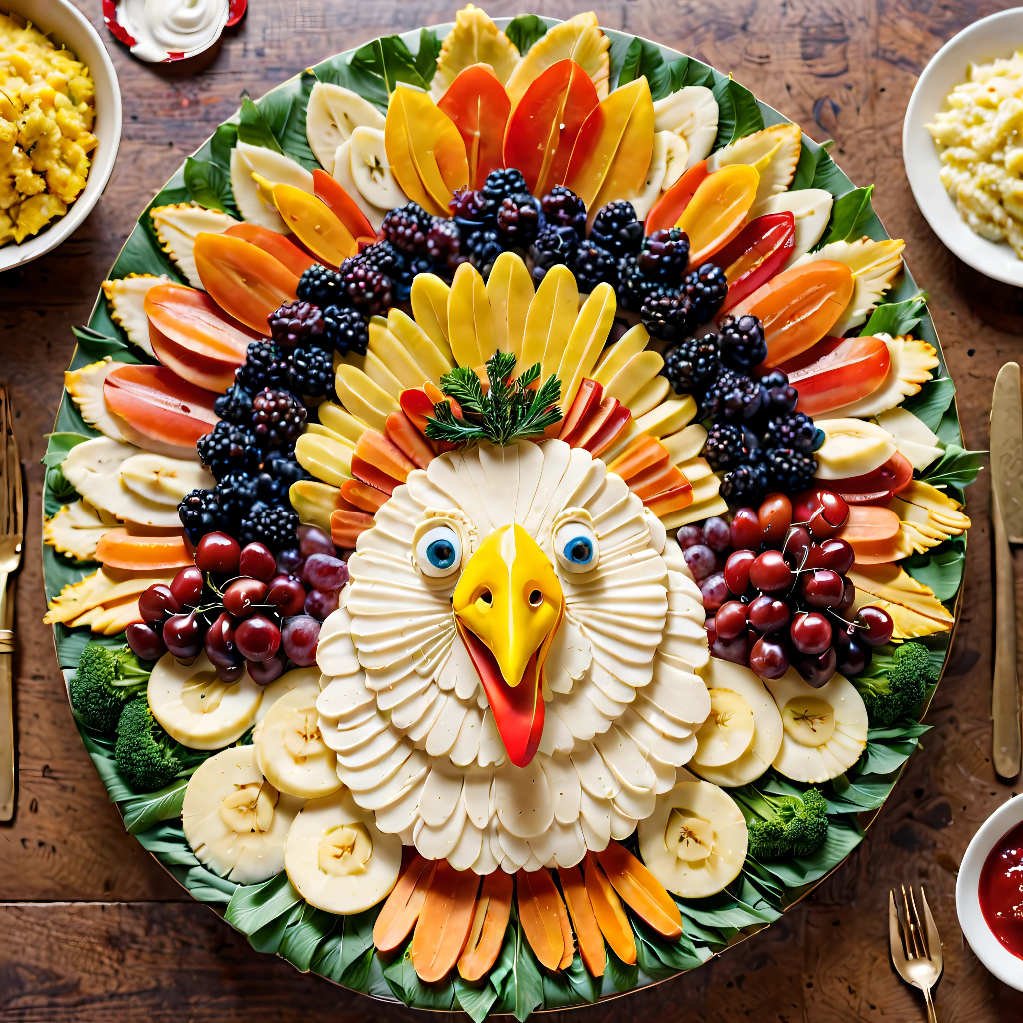 In this image,We will present a creative and imaginative Thanksgiving turkey plate。This turkey platter is more than just a delicious di a work of art,Demonstrates a unique understanding and creative expression of Thanksgiving。 Above all,The shape of the turkey plate is not the traditional round or oval shape,It's a three-dimensional turkey shape。The entire plate consists of various ingredients and decorations,Forming a lifelike image of a turkey。Turkey body part shaped from golden mashed potatoes,The surface is delicate and smooth,Like a sculptural work of art。Turkey feathers are made from french fries、Composed of shredded carrots, banana slices and other ingredients,vibrant with colors,true to life。 The eyes of the turkey plate are two crystal clear cherries,Twinkle with an alluring light,As if watching the diners。Its beak is made of red and yellow pepper flakes,forming a vivid mouth。The edge of the plate is decorated with various vegetables and fruits,like broccoli、carrots、grapes, etc,Create a colorful festive atmosphere。 The whole turkey plate is placed under a leaf and flower decoration,It seems like a lifelike turkey happily welcoming the arrival of Thanksgiving。This image not only shows the allure of delicious food,Incorporating more artistic elements,Let people enjoy the delicious food at the same time,You can also enjoy a visual feast。