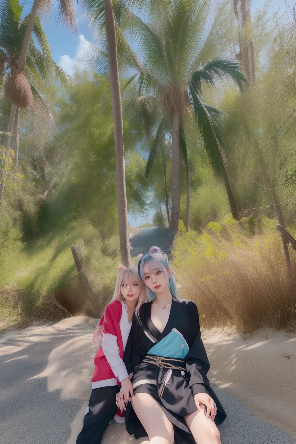 side ponytail, ((((nahida \(genshin impact\))))),multicolored hair,((hair between eyes)),white hair,green hair,green eyes,((flat chest)),(photorealistic:1.4),(masterpiece:1.4),(best quality:1.4),1girl,ultra high res,((detailed facial features)),((full body)), small hands,Kpop idol,aegyo sal,(ulzzang-6500-v1.10.66),((cross-shaped pupils)),looking at viewer, (((pointy ears))),(sunlight),(beach:1.31)(water:1.41),standing on one leg, from side,((flat chest)),symmery face,between legs
