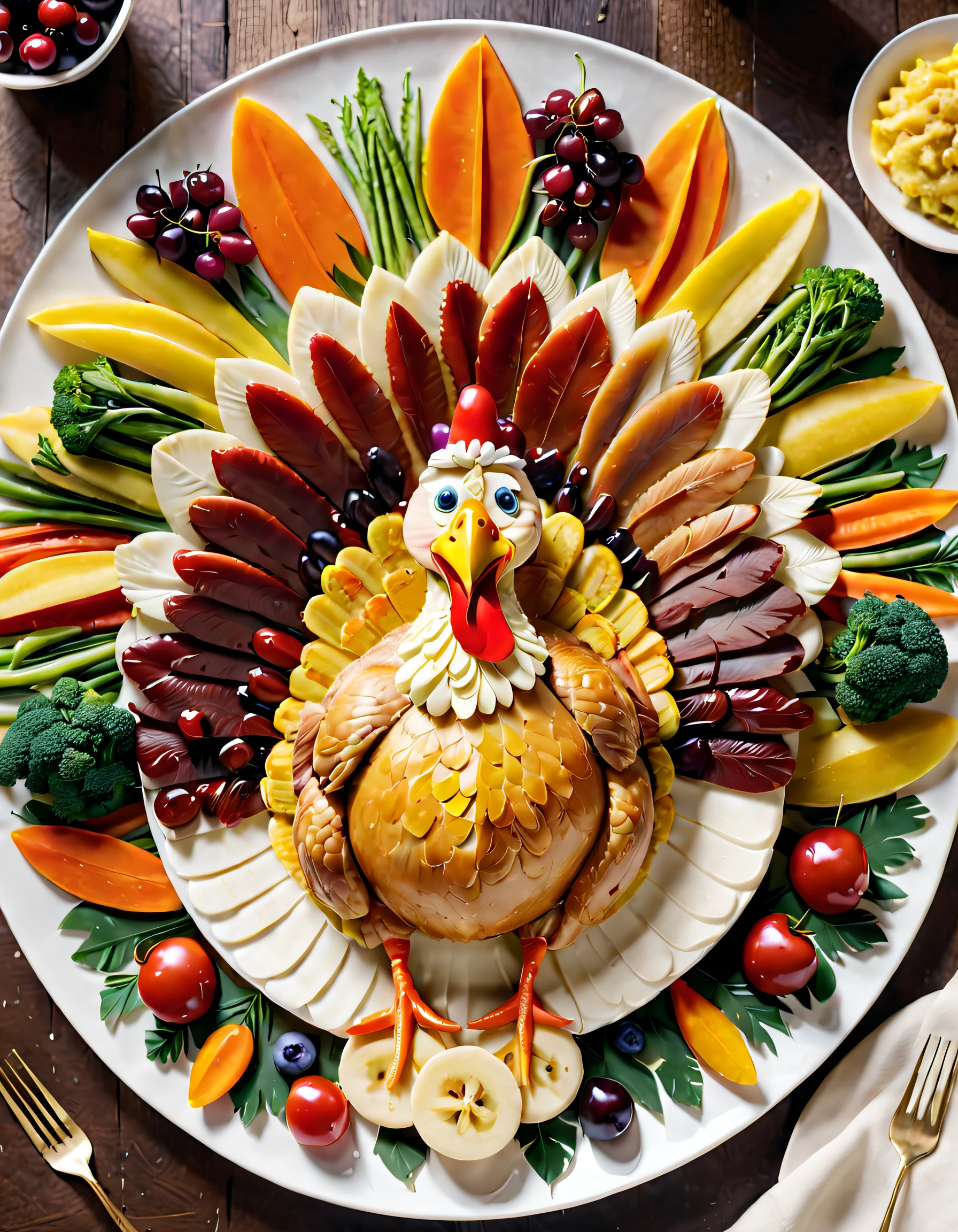 In this image，We will present a creative and imaginative Thanksgiving turkey plate。This turkey platter is more than just a delicious di a work of art，Demonstrates a unique understanding and creative expression of Thanksgiving。

Above all，The shape of the turkey plate is not the traditional round or oval shape，It&#39;s a three-dimensional turkey shape。The entire plate consists of various ingredients and decorations，Forming a lifelike image of a turkey。Turkey body part shaped from golden mashed potatoes，The surface is delicate and smooth，Like a sculptural work of art。Turkey feathers are made from french fries、Composed of shredded carrots, banana slices and other ingredients，vibrant with colors，true to life。

The eyes of the turkey plate are two crystal clear cherries，Twinkle with an alluring light，As if watching the diners。Its beak is made of red and yellow pepper flakes，forming a vivid mouth。The edge of the plate is decorated with various vegetables and fruits，like broccoli、carrots、grapes, etc，Create a colorful festive atmosphere。

The whole turkey plate is placed under a leaf and flower decoration，It seems like a lifelike turkey happily welcoming the arrival of Thanksgiving。This image not only shows the allure of delicious food，Incorporating more artistic elements，Let people enjoy the delicious food at the same time，You can also enjoy a visual feast。