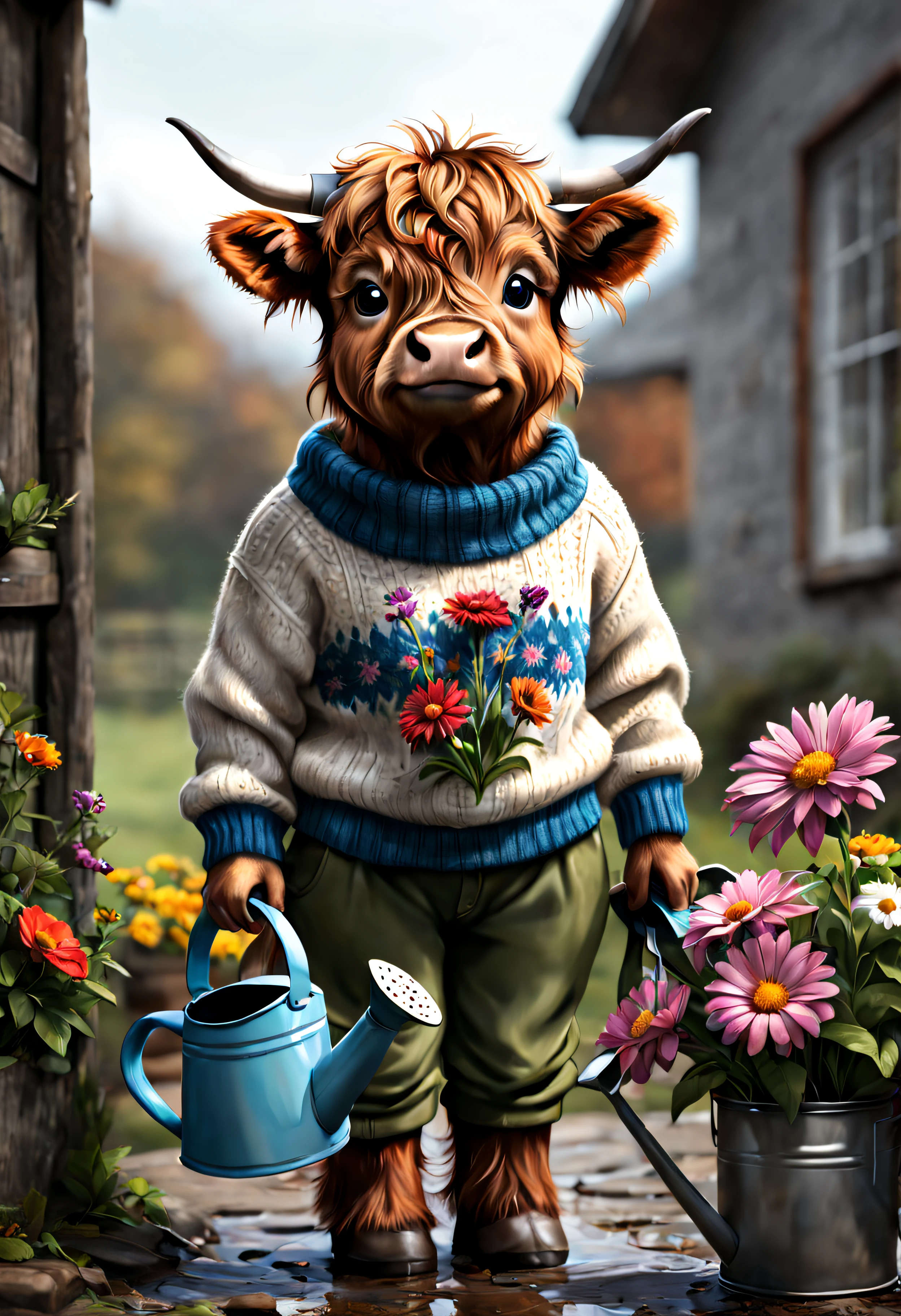 cute and happy, mini scottish highland cow, watering can her flowers, sweater and pants, realistic