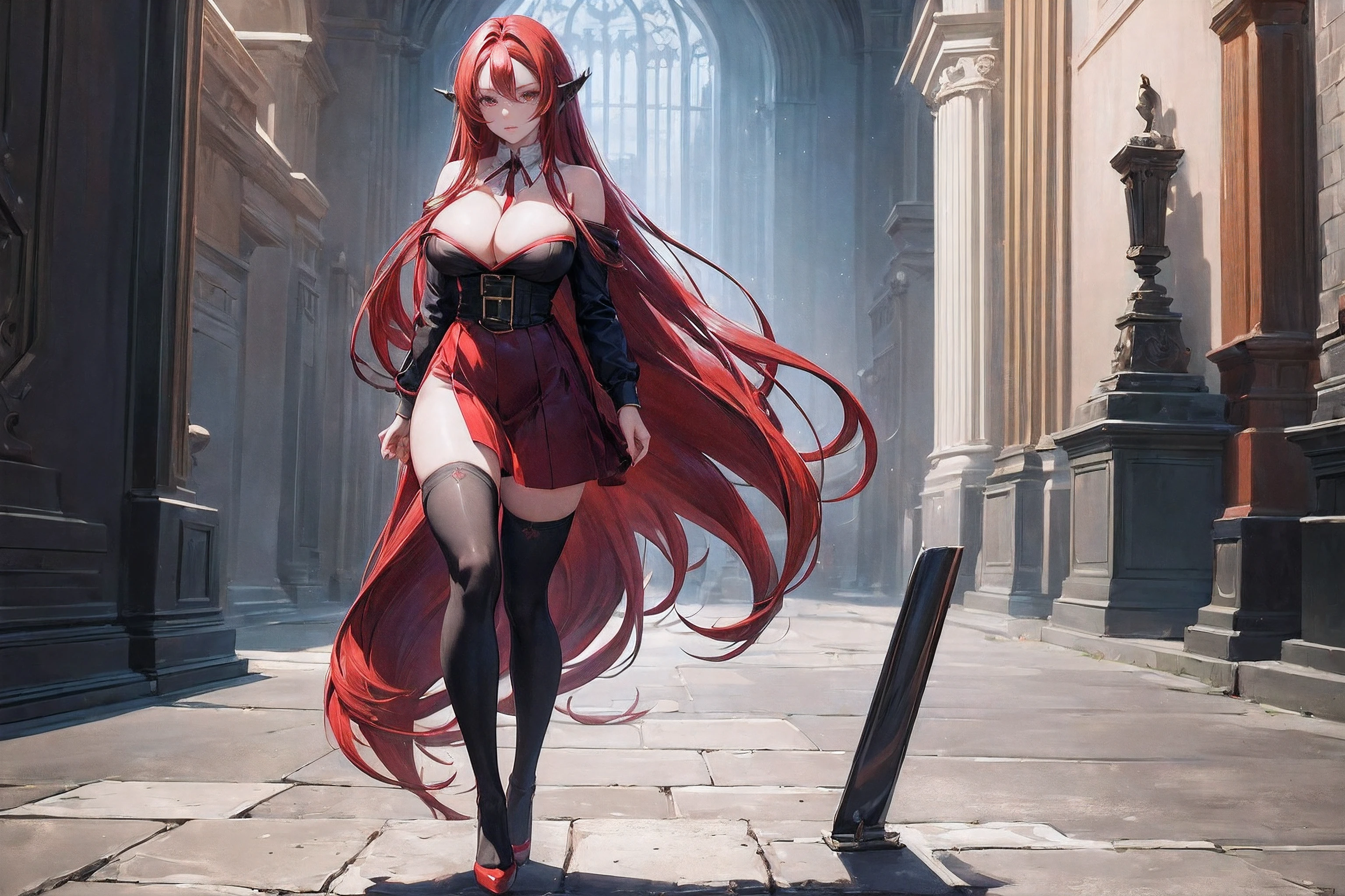 (masterpiece, best quality:1.4), solo focus, (full body:1.2), (large breasts:1.2), very long hair, (black thighhighs:1.3), (red hair:1.4), long dress, high heels, perfect anatomy, standing, t-55