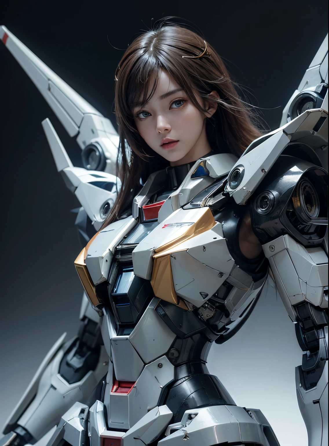 Textured skin, Super Detail, high details, High quality, Best Quality, hight resolution, 1080p, hard disk, Beautiful,(Gundam),beautiful cyborg woman,Mecha Cyborg Girl,Battle Mode,Girl with a Mecha Body,She wears a futuristic Gundam mecha,Fulll body Shot