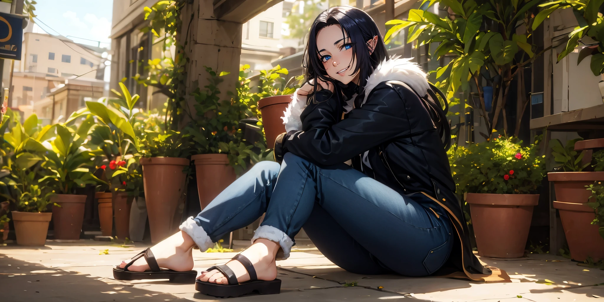 anatomically correct, best quality, masterpiece, high quality, high details, highres, HD, (shaded face:1.2), hollow eyes, dark-blue eyes, looking at viewer, heavy breathing, smirk, uppert teeth, black hair, long hair, pointy ears, 1girl, pants, sitting, blue_eyes, long_hair, jeans, plant, fur_trim, potted_plant, solo, looking_at_viewer, outdoors, tree, breasts, black_hair, toes, bangs, leaf, barefoot, large_breasts, denim, fur_collar, sandals, feet, day, crossed_legs, blue_pants, long_sleeves, head rest