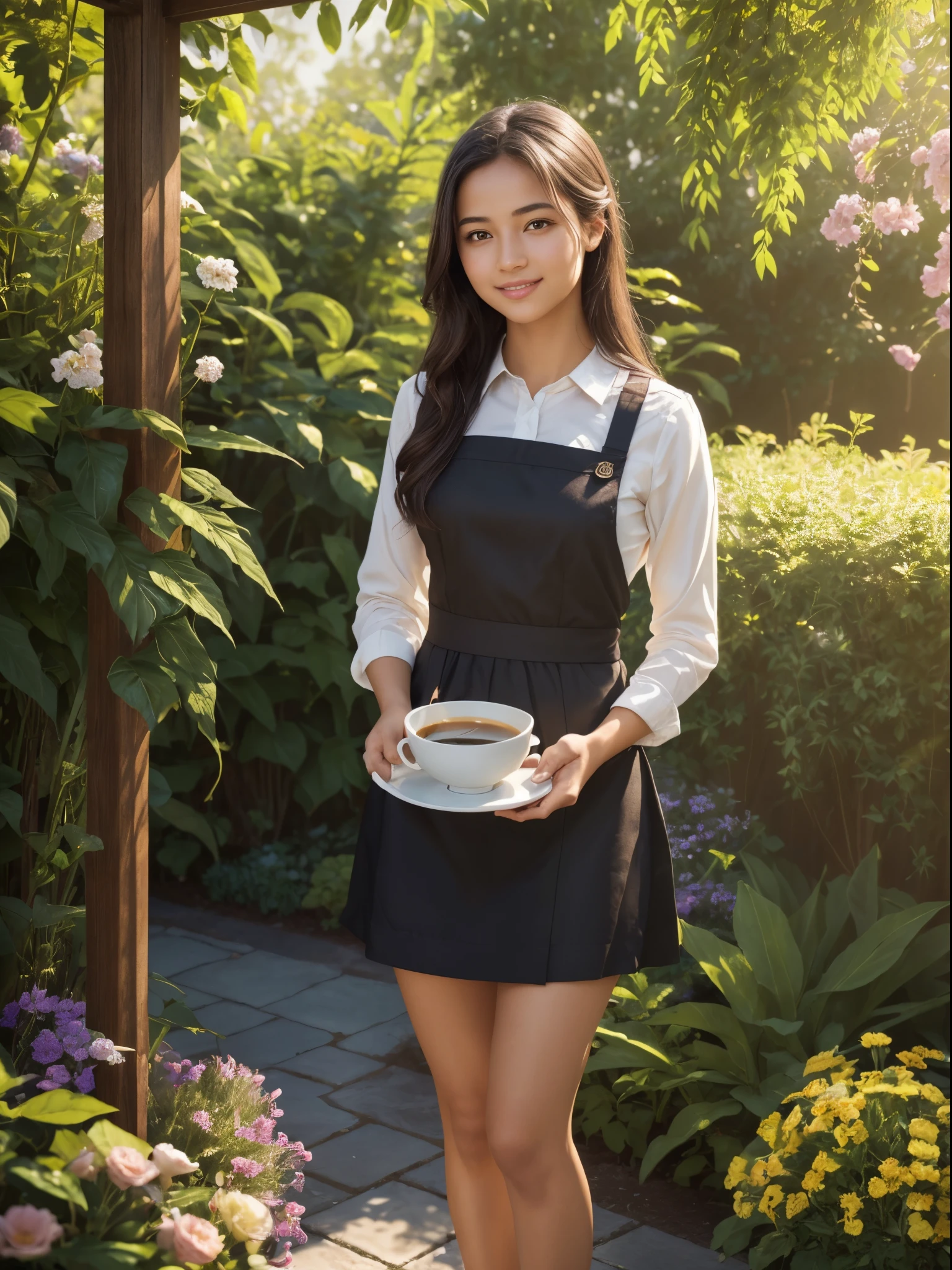 (best quality,4k,8k,highres,masterpiece:1.2),ultra-detailed,(realistic,photorealistic,photo-realistic:1.37),A girl with beautiful brown eyes, wearing a knee-length black skirt and a dark waitress uniform. She has olive skin and a radiant smile. The girl is standing in a lush garden surrounded by vibrant flowers and tall trees. The garden is bathed in golden sunlight, creating a warm and inviting atmosphere. The girl is holding a tray with a cup of steaming coffee, showcasing her attention to detail and excellent service. The scene is rendered in a realistic style, capturing the intricate details of the girl's face, the texture of the flowers, and the play of light and shadow. The colors are vivid and vibrant, with a touch of warmth, enhancing the beauty of the girl and the garden. The lighting is soft and natural, casting a gentle glow on the girl's face and creating a sense of tranquility and serenity in the surroundings.