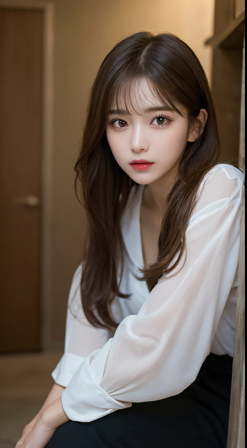 finely detail, hight resolution, hightquality、Perfect dynamic composition, Beautiful detailed eyes, Medium Hair, small tits、Natural Color Lip,Kamimei、The background is the wall of the room、20 years girl、1 persons、Transparent skin、Glowing hair、masutepiece, Best Quality, Illustration, Ultra-detailed, finely detail, hight resolution, 8K、The correct state of the human body、Crouch down、pretty pose,dishevled hair,beauty legs,Perfect beautiful face,KPOP Idol Face,blur backgroun,