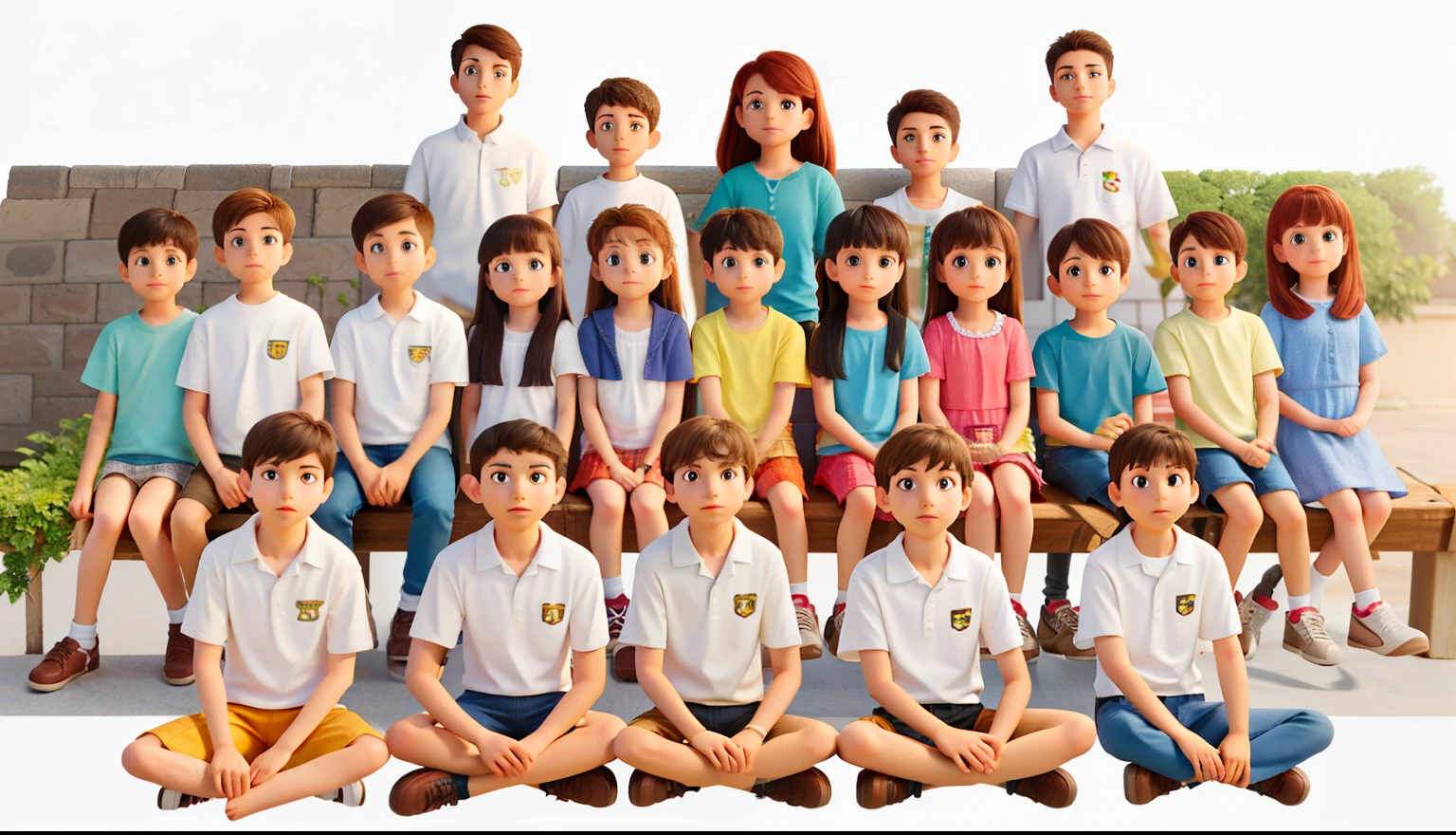 Replace the fourth person in the third row standing with a boy. Fix the arm and head of the second boy sitting in the first row. Keep everyone else as they are.