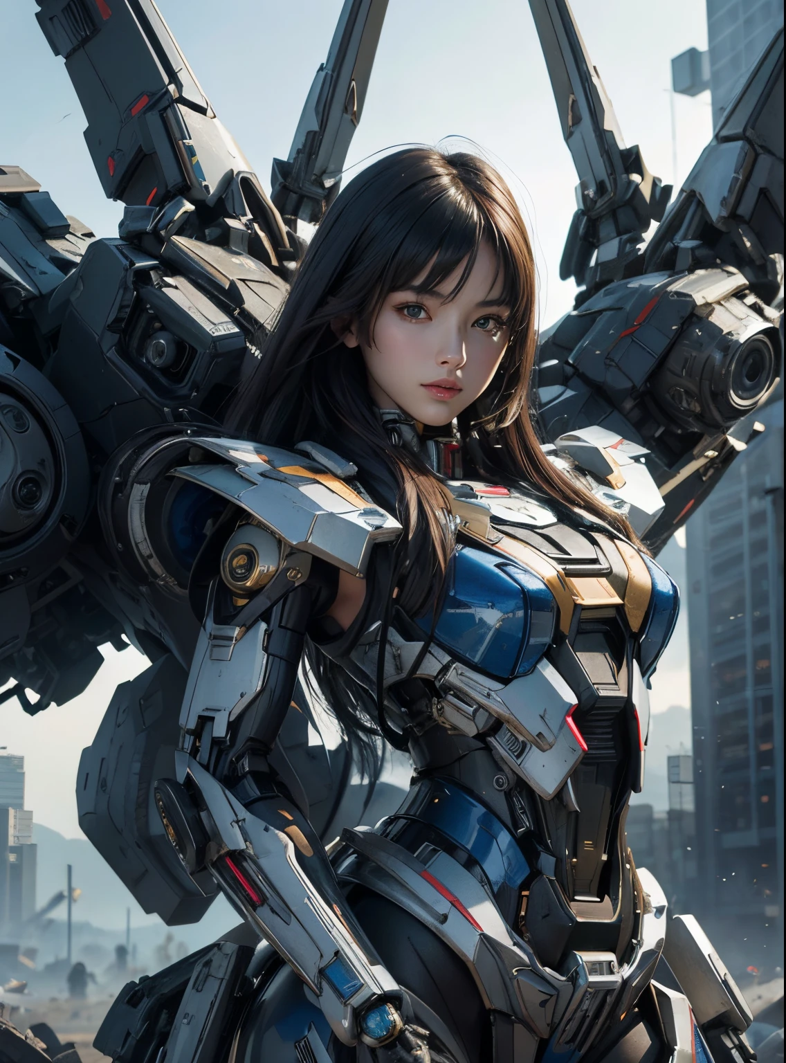 Textured skin, Super Detail, high details, High quality, Best Quality, hight resolution, 1080p, hard disk, Beautiful,(Gundam),beautiful cyborg woman,Mecha Cyborg Girl,Battle Mode,Girl with a Mecha Body,She wears a futuristic Gundam mecha,Fulll body Shot