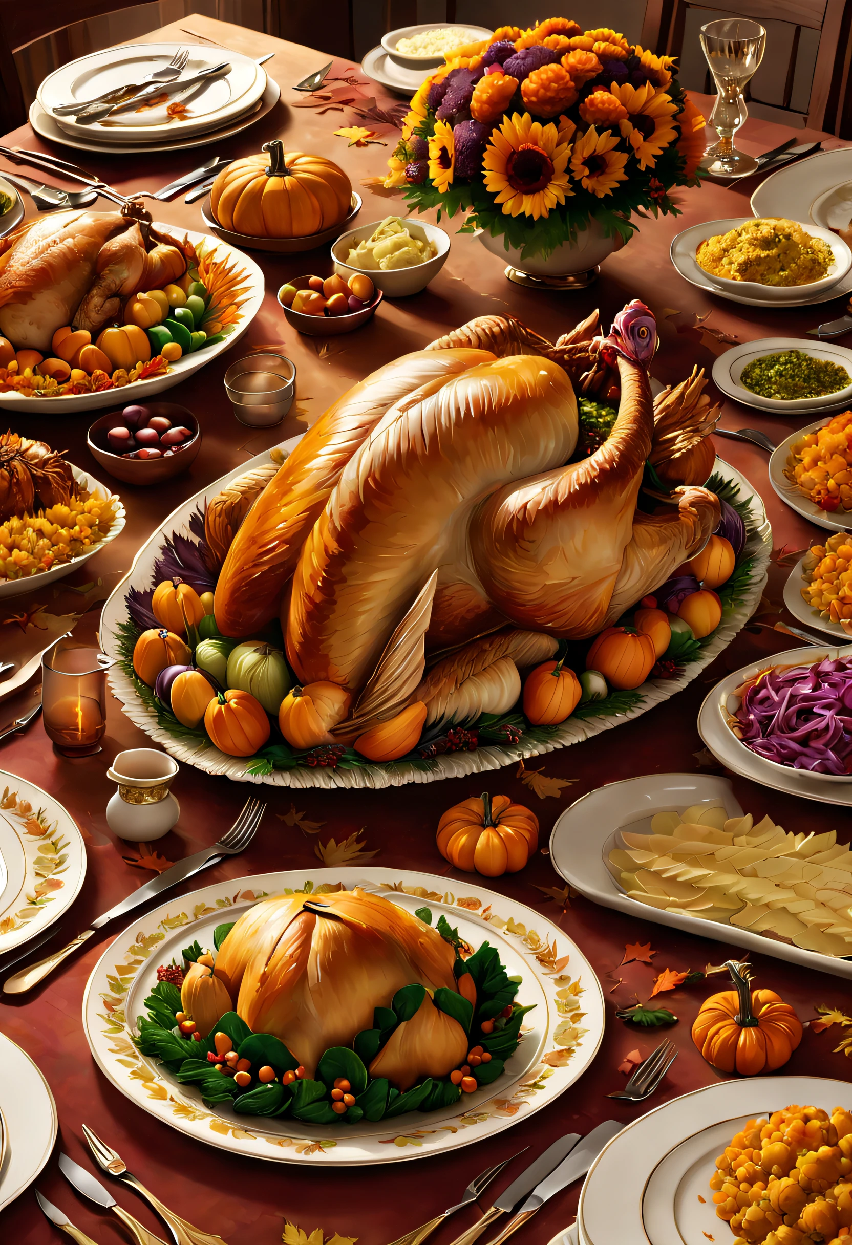 When it comes to eating turkey on Thanksgiving,I want to paint an unforgettable scene for you。Imagine a giant dining table,It is filled with all kinds of sumptuous food,And the highlight is that special Thanksgiving turkey。
This turkey is different from the traditional turkey,It has a gorgeous and unique appearance。Its feathers are a brilliant golden color,As if illuminated by the sun。Each feather shimmers with tiny gold dust,Adds a magical glow to the whole turkey。
Turkeys are tall and strong,Reminiscent of a majestic king。it spreads its broad wings,As if showing his majesty and glory to everyone。turkey head strutting,with a solemn expression,Its eyes are bright and piercing,Seems to reveal wisdom and taste。
Thanksgiving turkey takes center stage on the table,It's surrounded by a variety of delicious side dishes。Tender and juicy vegetables are artfully arranged around the turkey,bloom like flowers。The enticing aroma of golden mashed potatoes and fluffy bread filling,Mouthwatering。
The whole scene is filled with a warm and harmonious atmosphere。Family and friends sitting around the dining table,Laughter。everyone picks up the cutlery,Can’t wait to get a taste of this unique Thanksgiving turkey。Their eyes sparkle with anticipation and satisfaction,As if that was the best moment of their lives。
There are other details in this scene,For example, delicate patterns on tableware、Napkin garland on the dining table、People's cheerful laughter and so on。All these elements come together to create a delightful and memorable Thanksgiving dinner scene。