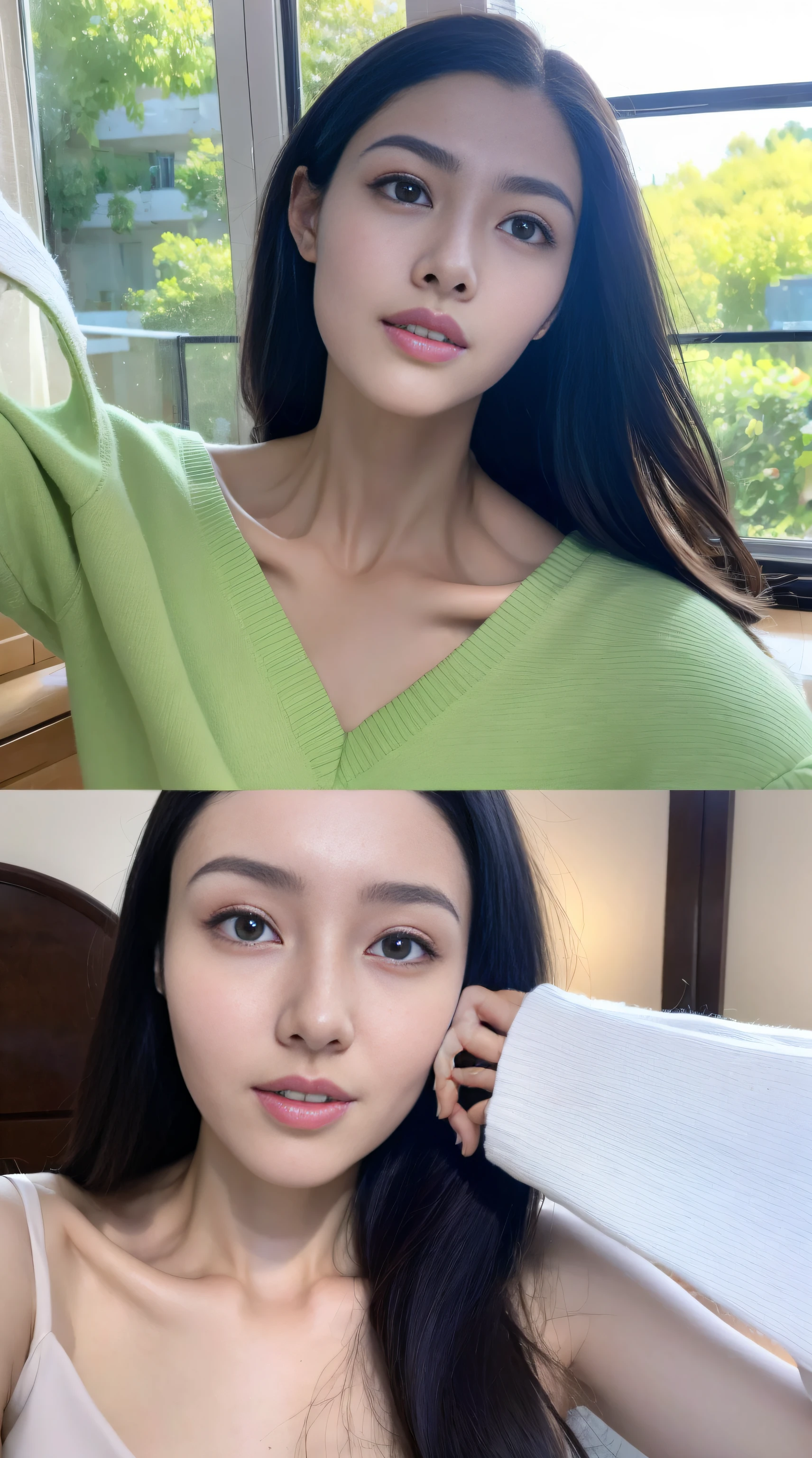 a fashion model，18yr old， [[[[climaxing]]], [[[[climaxing]]]], [[[[Cole]]]], [[[[bshoulder]]]], perfect  eyes, Perfect iris，perfect lips，perfect teeth，Perfect Skin，with fair skin，HighDynamicRange，Movie Girl，(delicated face)，(Highly defined faces)，（Raised sexy），((facial closeups))，White openwork lace underwear，In the background is the bedroom，bunk，green trees outside the window，fresh flowers，4K Ultra HD, 超高分辨率, (realistically: 1.4), Best quality at best，tmasterpiece，（pastel colour：1.2）