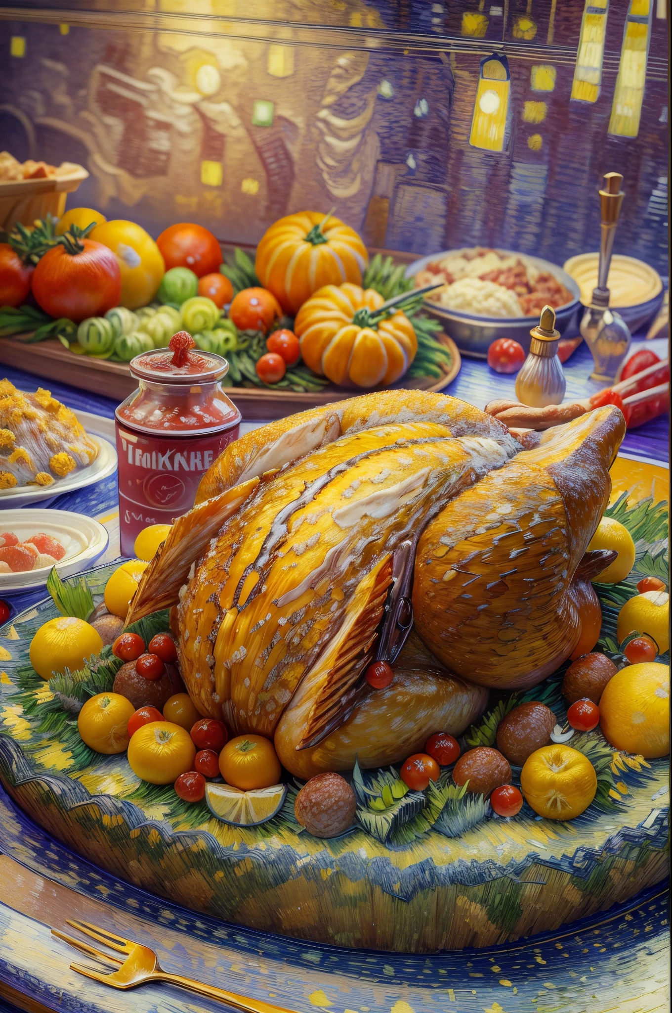(tmasterpiece),(ultra - detailed:1.3),Best quality,(Sparkling:1.2),(Dream World:1.4),(Van Gogh style turkey platter: 1.5),(the moon is empty),Delicious Thanksgiving turkey,Tomates, lettuce, ketchup, Cheese splashes, Thanksgiving Turkey Plate Style, and other decorations, A world of dreams, Cute cartoon design style, natta,Skysky,moon full,without humans,Vibrant colors,bright,1.4x realism,hyper HD,All shown in this beautiful scene,(The content is very detailed,Reasonable design,Clear lines,High- sharpness,tmasterpiece,offcial art,movie light effect,8K)