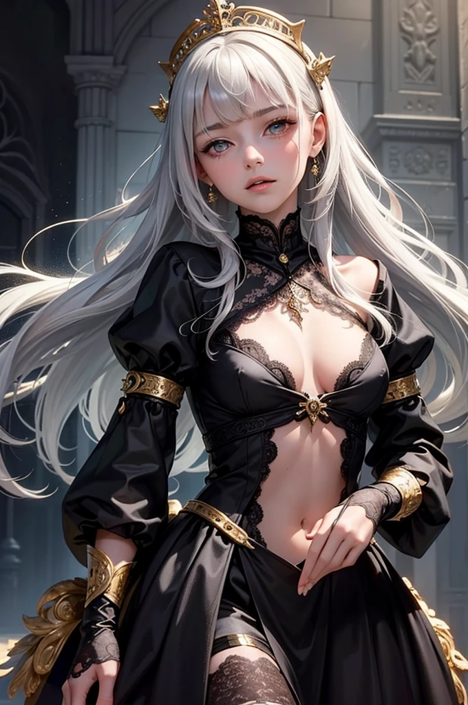 (masterpiece),ultra detaile,best quality,(beautiful skinny well-groomed face-13years old-girl),nsfw,nipple,fantasy,delicate black gothic-lace dress&eyes&gold ornaments&head-wear,long silver wavy hair,shining cold eyes&skin,bared small bresats,navel,bangs down,