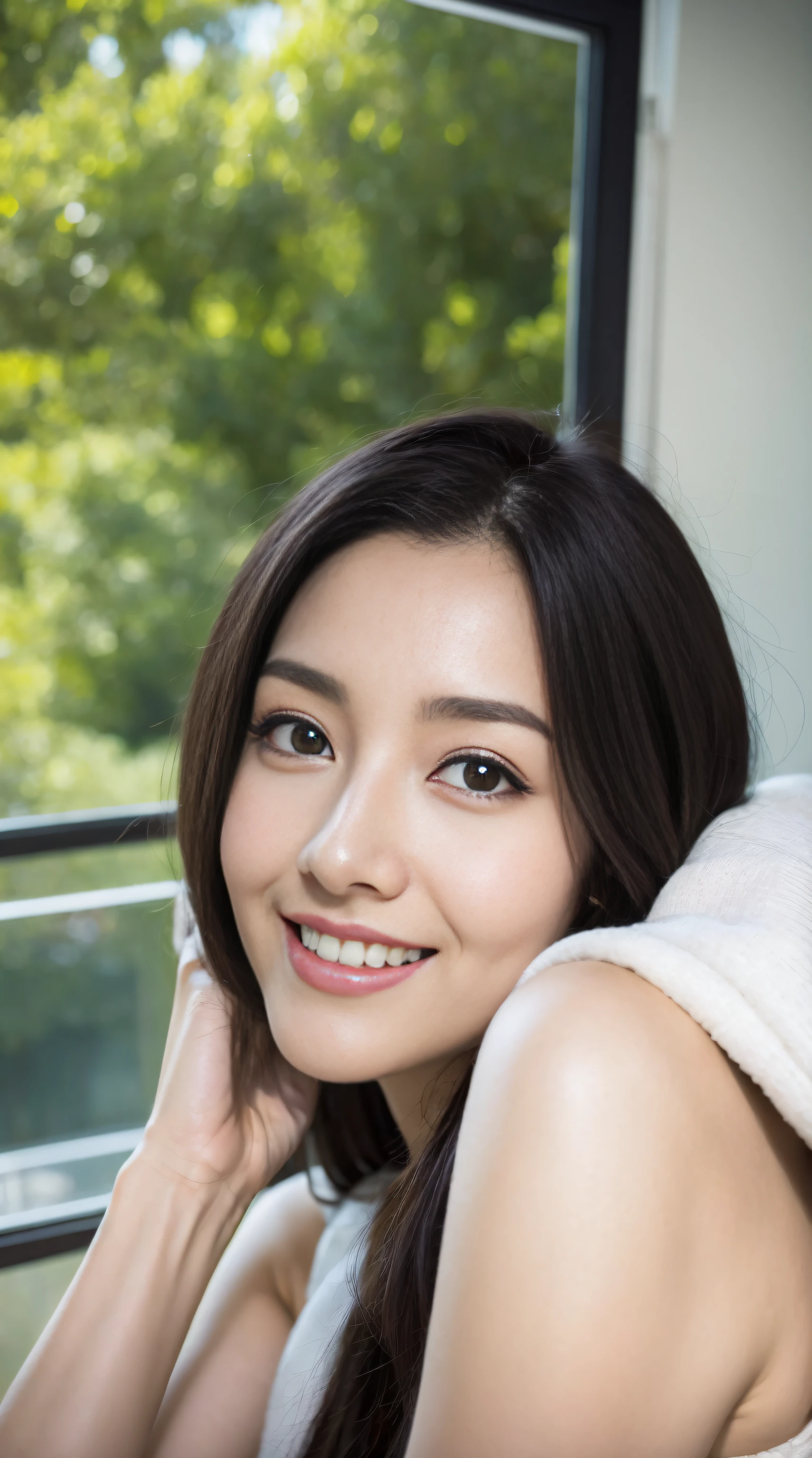 a fashion model，18yr old， [[[[climaxing]]], [[[[climaxing]]]], [[[[Cole]]]], [[[[bshoulder]]]], perfect  eyes, Perfect iris，perfect lips，perfect teeth，Perfect Skin，with fair skin，HighDynamicRange，Movie Girl，(delicated face)，(Highly defined faces)，（Raised sexy），((facial closeups))，White openwork lace underwear，In the background is the bedroom，bunk，green trees outside the window，fresh flowers，4K Ultra HD, 超高分辨率, (realistically: 1.4), Best quality at best，tmasterpiece，（pastel colour：1.2）