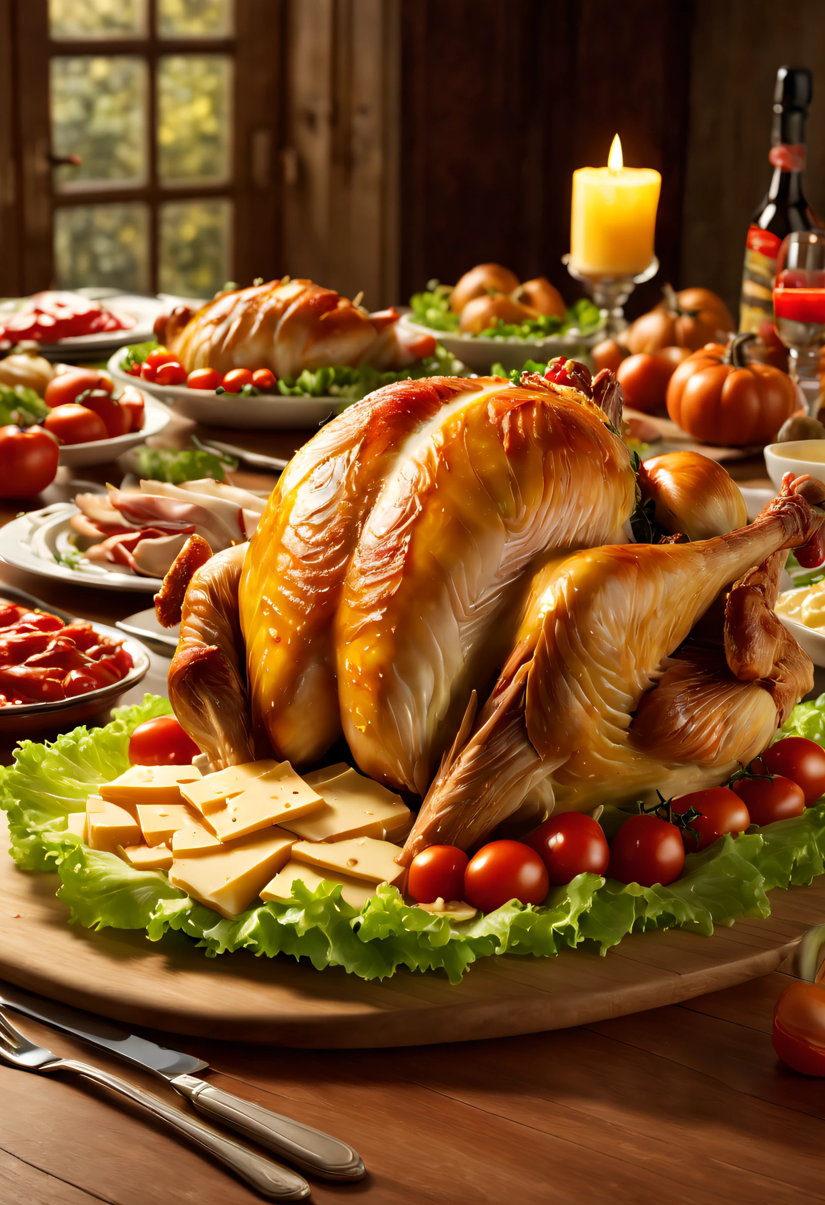 commerciaphotography, Splashes of cheese, Delicious Thanksgiving turkey，Tomates, lettuce, ketchup, Cheese splashes, Thanksgiving Roast Turkey Style, and other decorations, white lighting, 8k octane rendering, High resolution photography, extremely detaile, finely detailled, on solid wood table, fundo vermelho, 8K, commerciaphotography, pic, professional colorgraded,