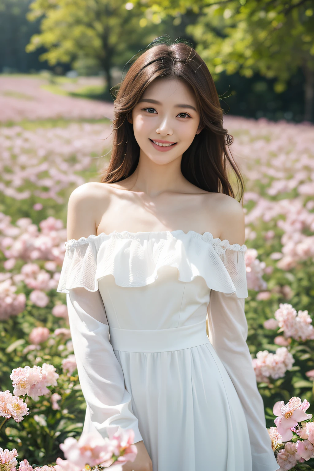 Best quality, masterpiece, ultra high res, (photorealistic:1.4), raw photo, 1girl, white dress, off shoulder, blossom flower field, glowing skin, light smile