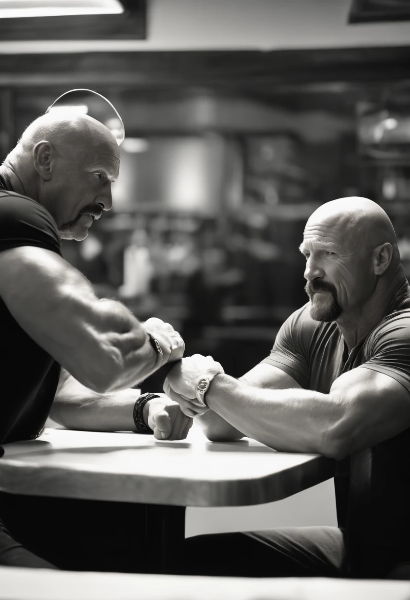 A shot of Hulk Hogan arm wrestling with Stone Cold Steve Austin at a local diner,WWE Wrestling,Hulk Hogan