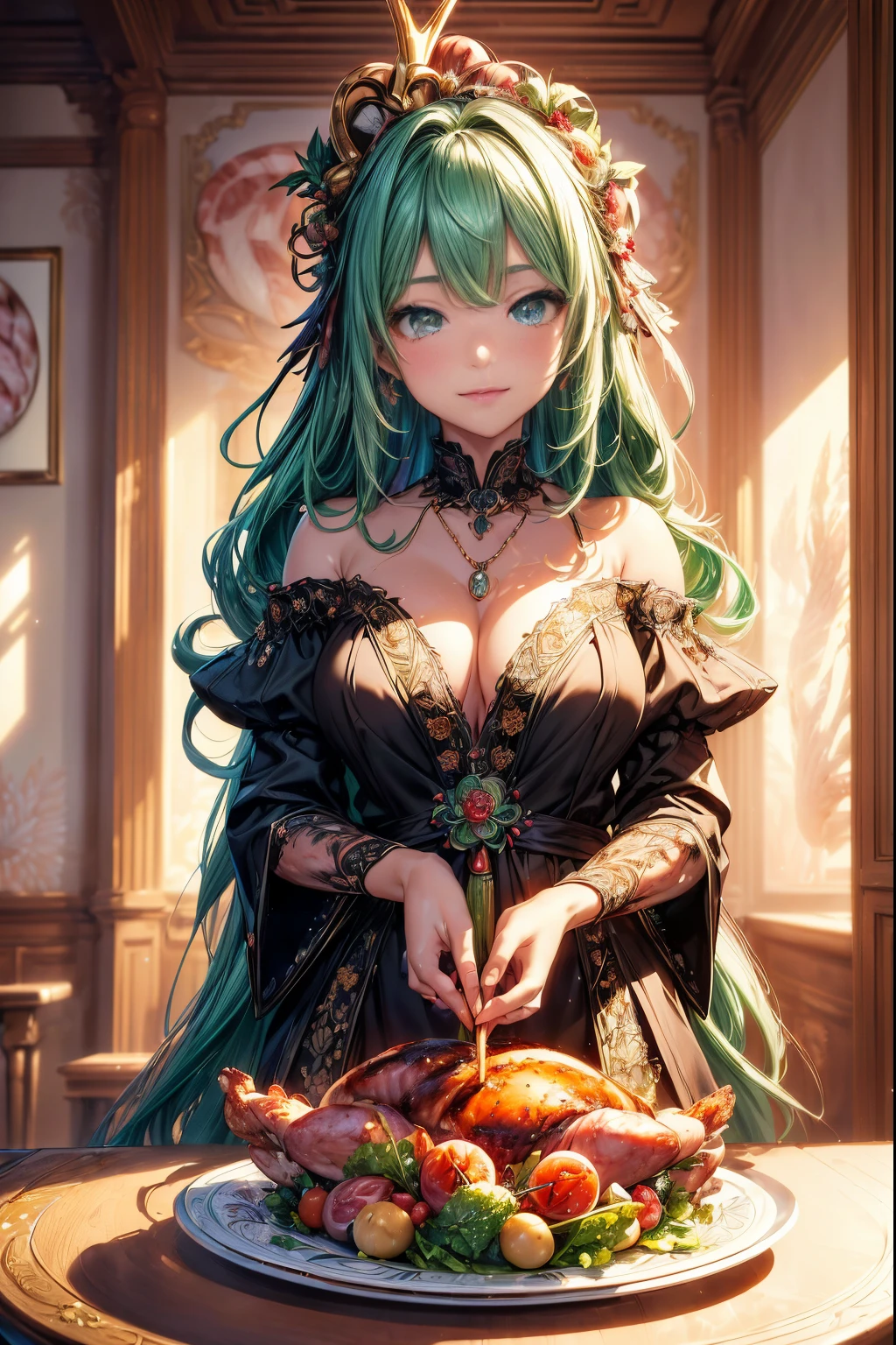 (masterpiece、top-quality、top-quality、offcial art、slightly detailed、Exquisite and beautiful:1.2)、(1 girl in)、(s fractal art:1.3)、Very long hairstyle、Emerald green hair color colorful, big orange crystal eyes, sparkling big eyes, Intricate details for beautiful, refined eyes, lush lips, Redlip, Close-up Shot Shot, face shot, Looking forward to the audience, Smiling faces, Meaningful expression, dressed in casual attire、Japanese cartoon, Colorful lighting details、intuitive、Sharp、Precise focus、instagram photo、photo of the year、Cinema 4D、dramatics、(3d), The light from the back window is backlighted, glittery, Colorful light, ((masterpiece、top-quality、water color art(pendant)、offcial art、Exquisite and beautiful:1.2))、(the golden ratio:1.2)、(ultra - detailed:1.3)、((Sparkling pupils))、patterned、Colorful、(heterochromia iridis)、(Colorful:1.5)、(hyper-detailing), ((exquisite detailing)), (intricately details), ((cinematric light, Best quality backlight)), hight contrast, ((The best lighting, Extremely Delicately Beautiful)), ((cinematric light))、(Ray tracing reflection、light glow)、((Glowing aura))、((Radiant hair))、((the ultra-detailed))、((8K))、((Written))、Delicate beautiful face and eyes,Focus on the face, masterpiece, (Realistic:0.5)、Original 2 high saturation、(hoang lap, Super fine illustration, Best quality at best, very cute and beautiful girl, Very detailed and very beautiful large adult smile:1.2, Depicts a witch eating roast turkey with a knife and fork on Thanksgiving night, Hyper-realism, (extremely detailed background),(turkey plate:1.83),(Showcasing delicious turkey meat:1.8), (((Delicious Thanksgiving turkey,Tomates, lettuce, ketchup, Cheese splashes, Thanksgiving Roast Turkey Style, and other decorations))))
