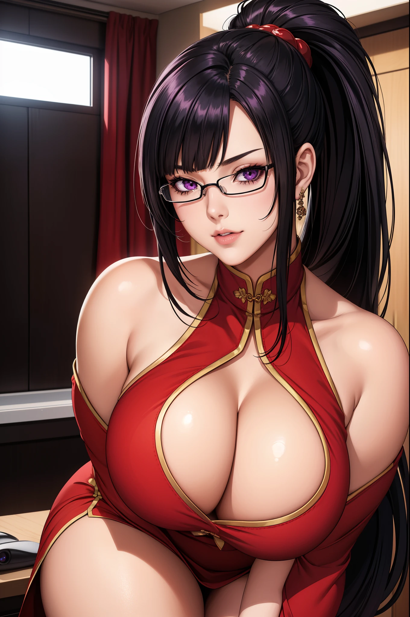 in a bathroom, Red dress, chinese clothes, cleavage cutout, Clothes Cutout, Bare shoulders, semi-rimless eyewear, Black hair, Very long hair, Ponytail,Bangs,Purple eyes, 1 girl, 20yr old,infp young woman,Beautiful Finger,Beautiful long legs,Beautiful body, Beautiful nose,Beautiful character design, Perfect eyes, Perfect face,Expressive eyes, Perfect balance, Looking at Viewer,(Focus on her face), Official art,Highly detailed CG Unity 8k wallpaper, Perfect Lighting,Colorful, Bright_front_Face_Lighting,White skin, (masutepiece:1.0),(best_quality:1.0), 超A high resolution,4K,Ultra-detailed, Photography, 8K, nffsw, hight resolution, absurderes:1.2, Kodak Portra 400, Film grain, Blurry background, Bokeh:1.2, Lens Flare, (Vibrant_Color:1.2),professional photograpy, (Beautiful,Huge_breasts:1.4), (Beautiful_Face:1.5),(narrow_waist),semi-rimless eyewear, Black hair, Very long hair, Ponytail,Bangs,Purple eyes,