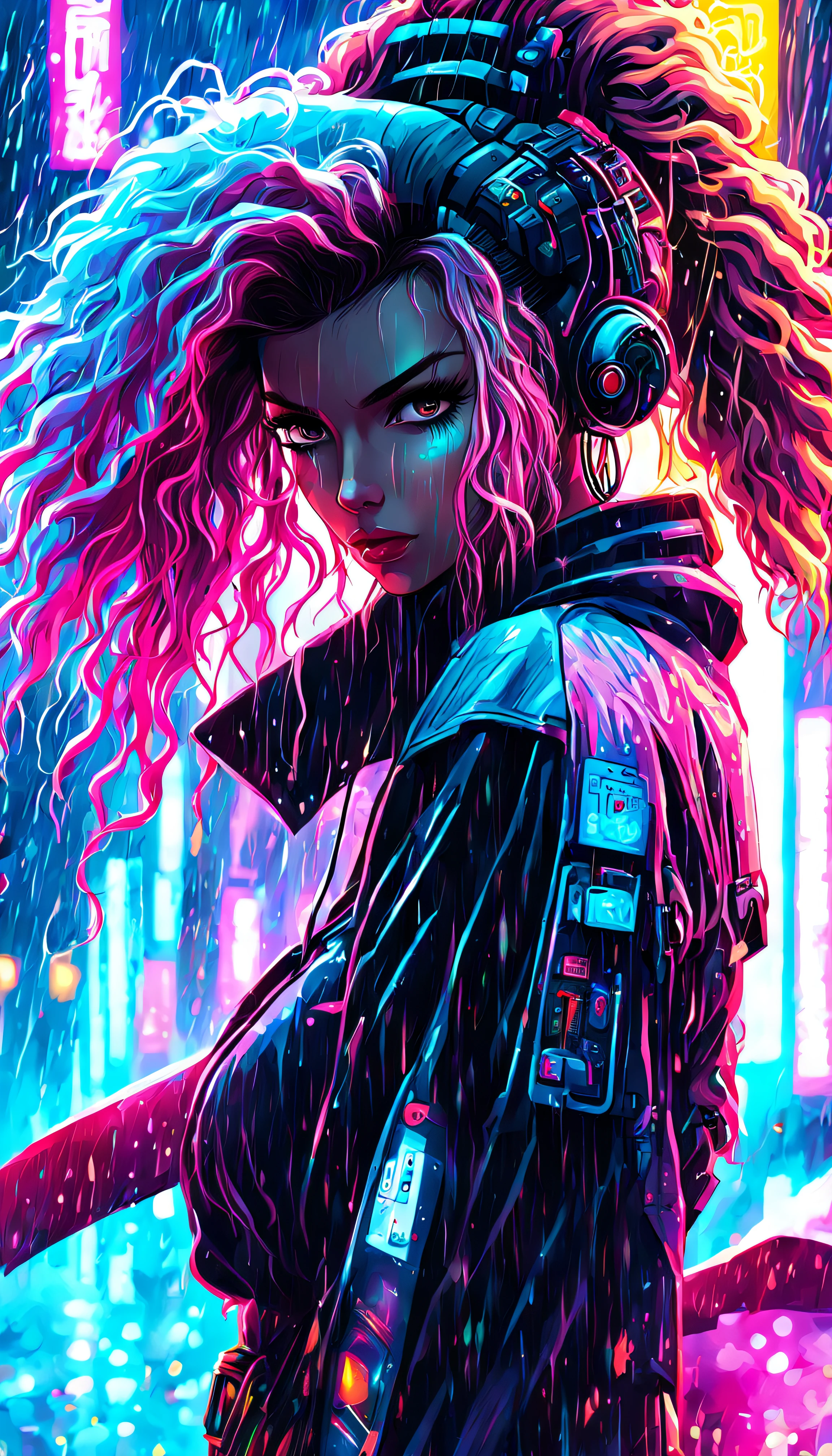 wave art style, A girl, rain, cyberpunk, 8k, highly detailed, sci fi