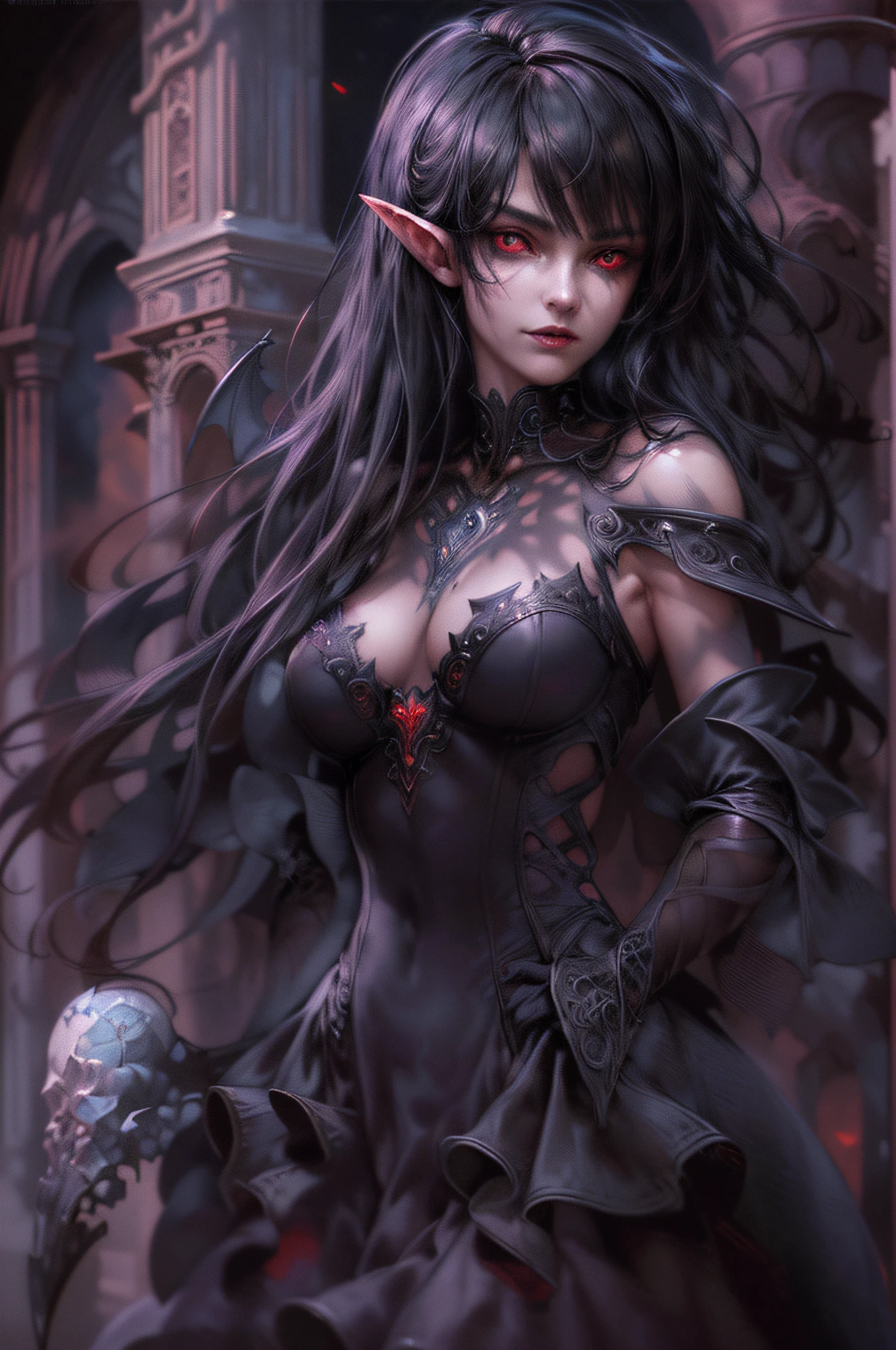 arafed, dark fantasy art, gothic art, (masterpiece:1.5), full body best details, highly detailed, best quality, highres, full body portrait of a vampire, elf (1.6, Masterpiece, best quality), ultra feminine (1.4 intricate details, Masterpiece, best quality) with a long curvy hair, dark color hair, red eyes (1.3 fantasy art, Masterpiece, best quality), ((beautiful delicate face)), Ultra Detailed Face (1.4 intricate details, fantasy art, Masterpiece, best quality), [visible sharp vampiric fangs] (1.6 intricate details, fantasy art, Masterpiece, best quality), [anatomically correct] red cloak, flowing cloak (1.4 intricate details, fantasy art, Masterpiece, best quality), wearing an intricate leather [white] dress (1.4 intricate details, gothic art, Masterpiece, best quality), high heeled boots, blood dripping on lips, urban background (intense details, beat details), fantasy, at night light, natural ,moon light, soft moon light, moon rays, clouds, gothic atmosphere, gothic street background, bats flying in background, soft light, dynamic light, [[anatomically correct]], high details, best quality, 8k, [ultra detailed], masterpiece, best quality, (extremely detailed), dynamic angle, ultra wide shot, RAW, photorealistic, zrpgstyle