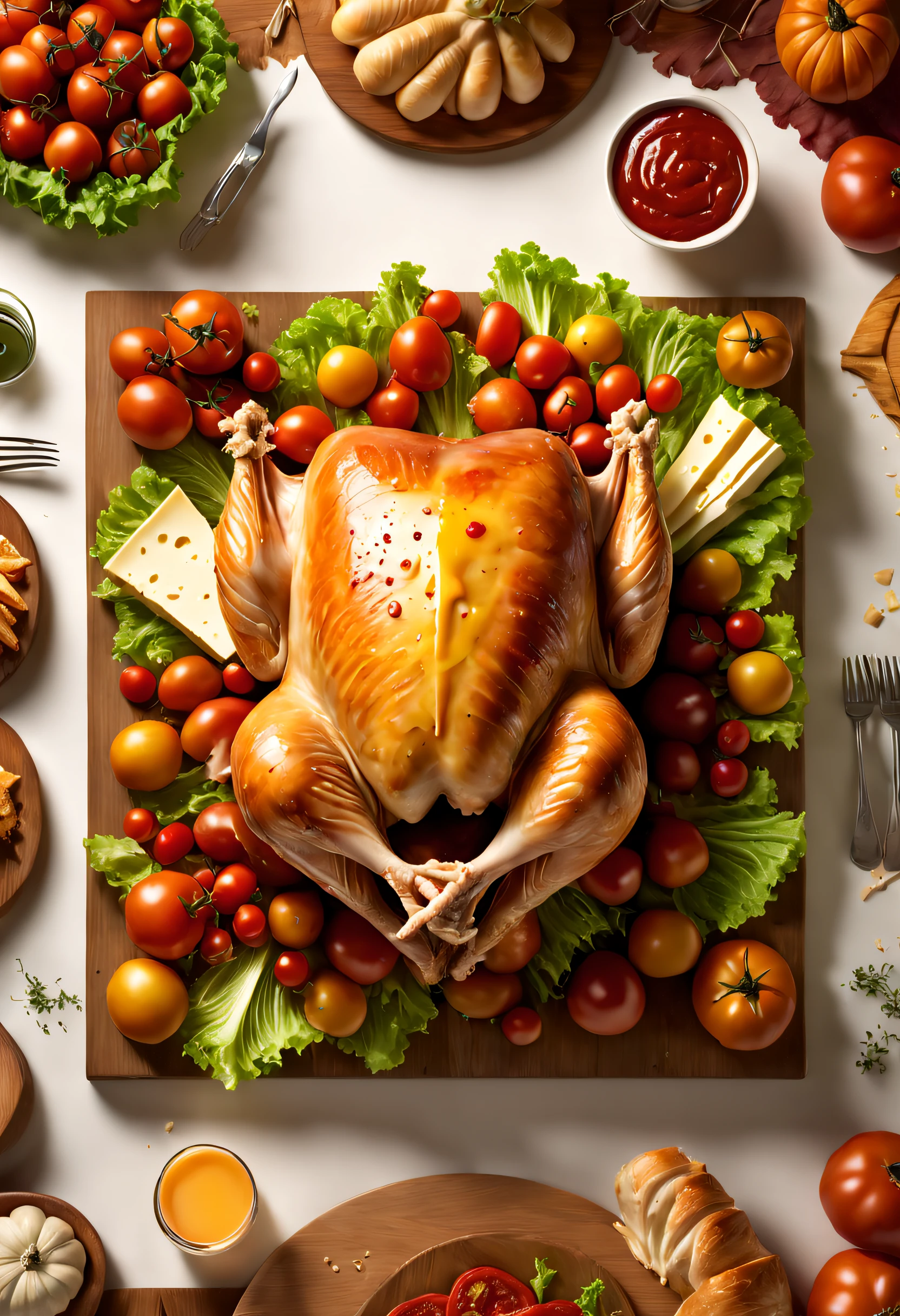 commerciaphotography, Splashes of cheese, Delicious Thanksgiving turkey,Tomates, lettuce, ketchup, Cheese splashes, Thanksgiving Roast Turkey Style, and other decorations, white lighting, 8k octane rendering, High resolution photography, extremely detaile, finely detailled, on solid wood table, fundo vermelho, 8K, commerciaphotography, pic, professional colorgraded,