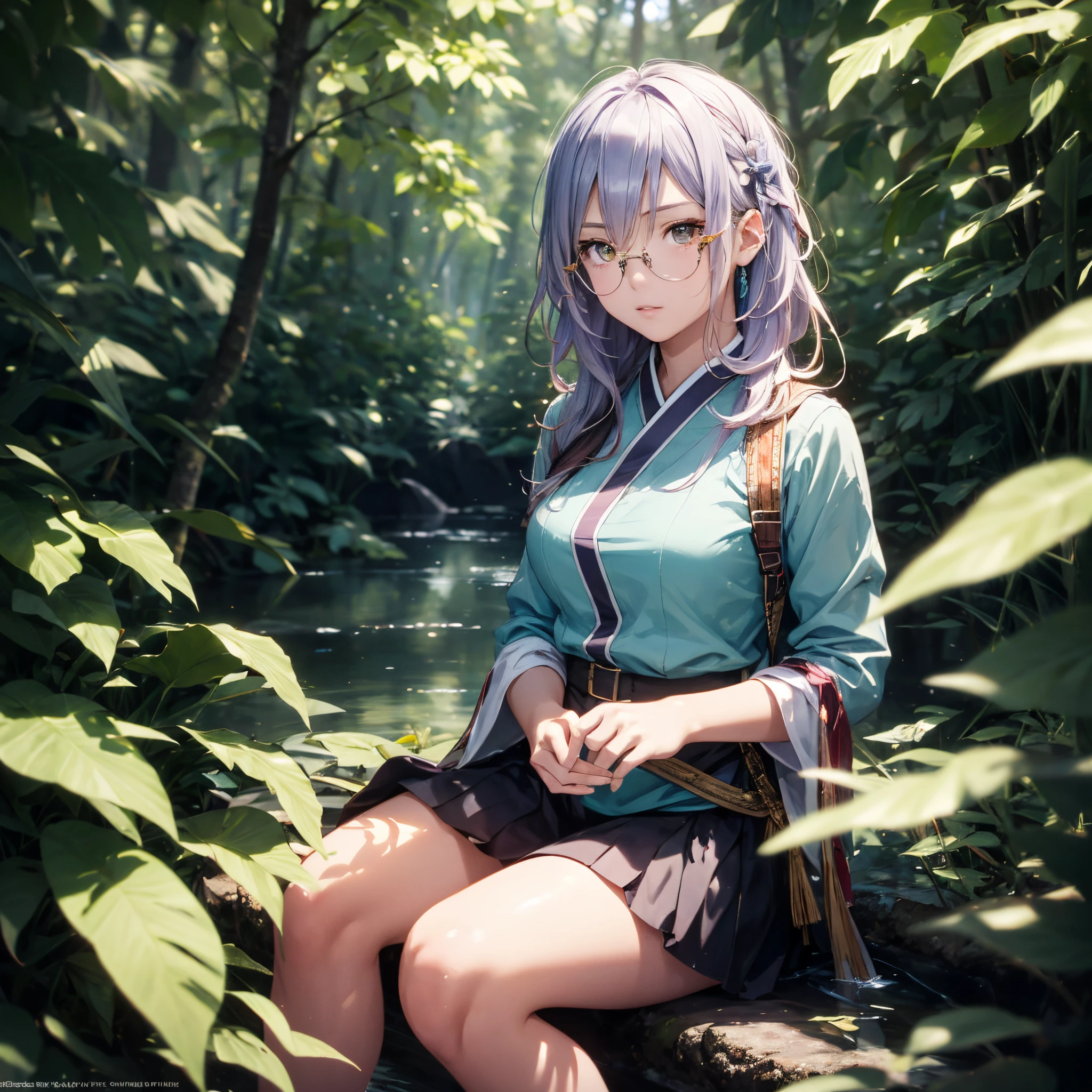 girl with, Light purple hair, green colored eyes, sitting on, sideshot, (Skysky:1.3), (masterpiece, top-quality, Near and far law, depth of fields:1.5), florals, Rocky mountain, the woods, beautiful countenance, thighs thighs thighs thighs, frombelow, 8K, Raw foto, absurderes, Impresionismo, (Tom Thomson, Claude Monet, Joaquin Sorolla, James Wilson Morris, Jon Fabian Aluson, Hugh Henry Breckenridge:0.8), nffsw, Photorealsitic, film grains, chromatic abberation, hight resolution, ultra-detailliert, finely detail, 动态照明, Dramatic Lighting、shadowy、Sharp Focus、extremely detailed eye and face、Sharp pupils、Realistic pupils、eye glass