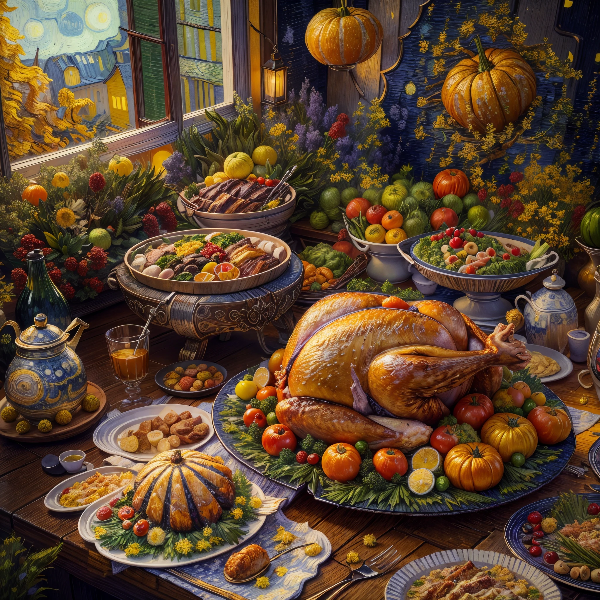 (tmasterpiece),(ultra - detailed: 1.3),Best quality,(Sparkling: 1.2),(Dream World:1.4),(Van Gogh style turkey platter: 1.5),(the moon is empty),Delicious Thanksgiving turkey,Tomates, lettuce, ketchup, Cheese splashes, Thanksgiving Roast Turkey Style, and other decorations, A world of dreams, Cute cartoon design style, natta,Skysky,moon full,without humans,Vibrant colors,bright,1.4x realism,hyper HD,All shown in this beautiful scene,(The content is very detailed,Reasonable design,Clear lines,High- sharpness,tmasterpiece,offcial art,movie light effect,8K,Ultra-high saturation,vibrant with colors)