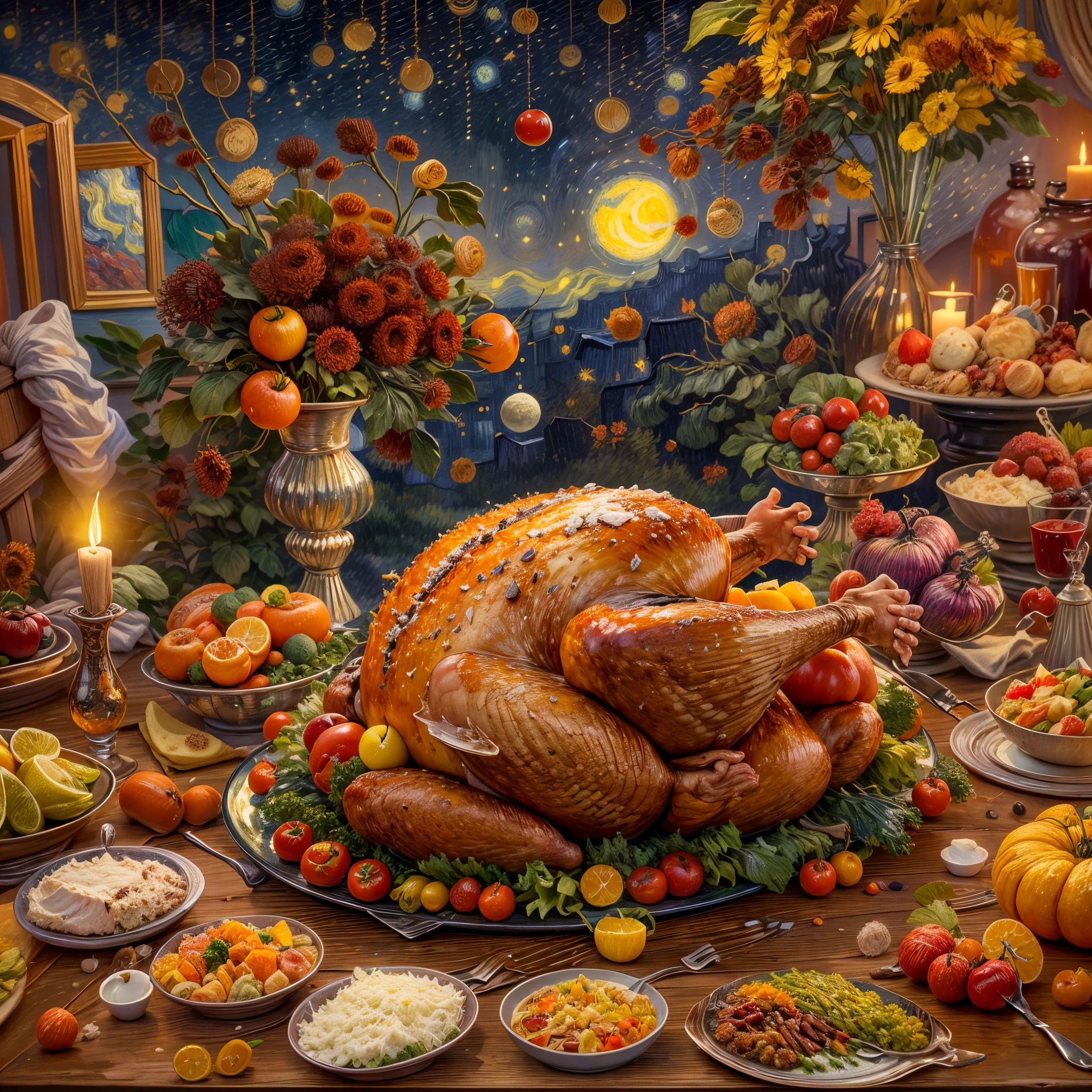 (tmasterpiece),（ultra - detailed: 1.3），Best quality，（Sparkling: 1.2），（Dream World:1.4），(Van Gogh style turkey platter: 1.5),（the moon is empty），Delicious Thanksgiving turkey，Tomates, lettuce, ketchup, Cheese splashes, Thanksgiving Roast Turkey Style, and other decorations, A world of dreams, Cute cartoon design style, natta，Skysky，moon full，without humans，Vibrant colors，bright，1.4x realism，hyper HD，All shown in this beautiful scene，（The content is very detailed，Reasonable design，Clear lines，High- sharpness，tmasterpiece，offcial art，movie light effect，8K，Ultra-high saturation，vibrant with colors）