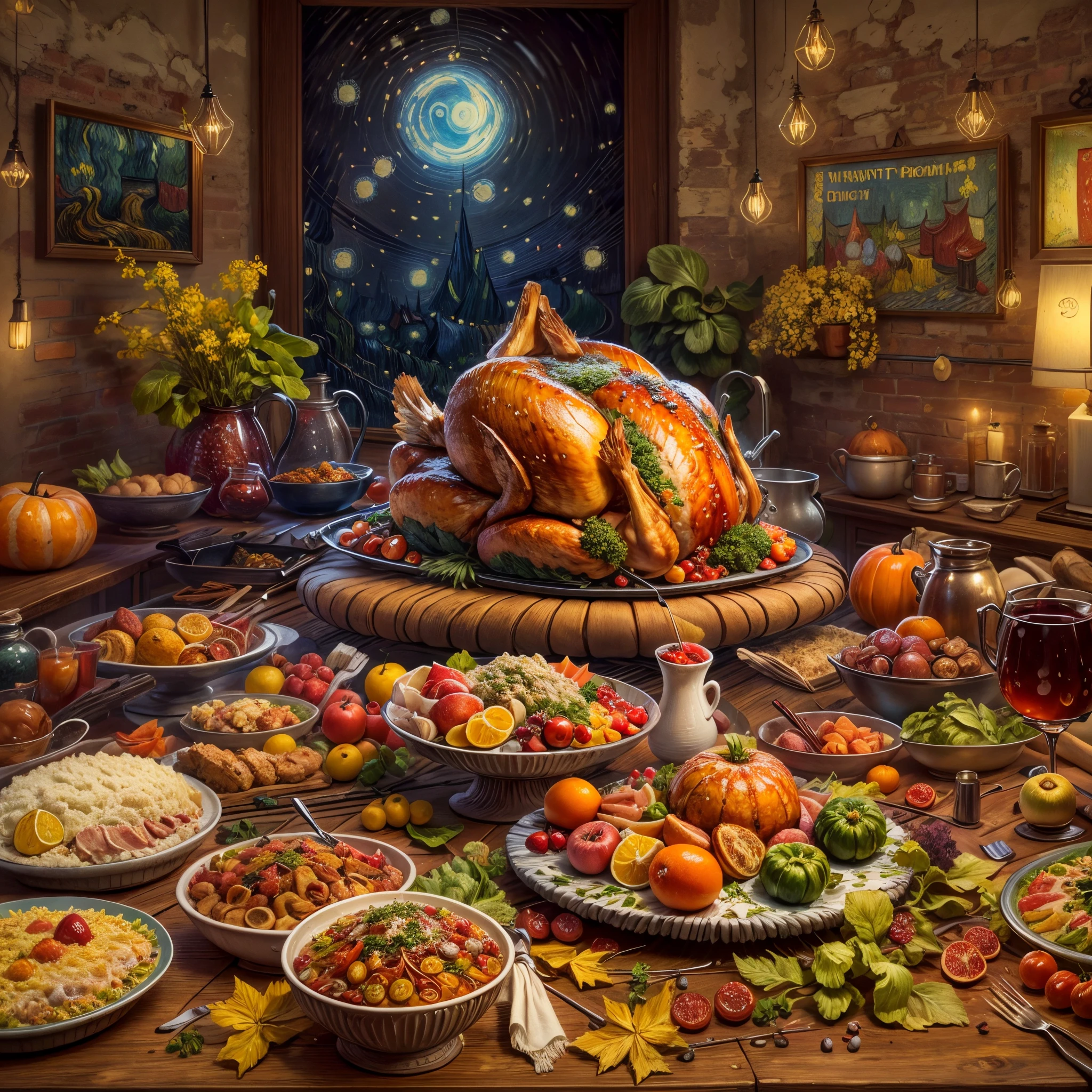 (tmasterpiece),(ultra - detailed: 1.3),Best quality,(Sparkling: 1.2),(Dream World:1.4),(Van Gogh style turkey platter: 1.5),(the moon is empty),Delicious Thanksgiving turkey,Tomates, lettuce, ketchup, Cheese splashes, Thanksgiving Roast Turkey Style, and other decorations, A world of dreams, Cute cartoon design style, natta,Skysky,moon full,without humans,Vibrant colors,bright,1.4x realism,hyper HD,All shown in this beautiful scene,(The content is very detailed,Reasonable design,Clear lines,High- sharpness,tmasterpiece,offcial art,movie light effect,8K,Ultra-high saturation,vibrant with colors)
