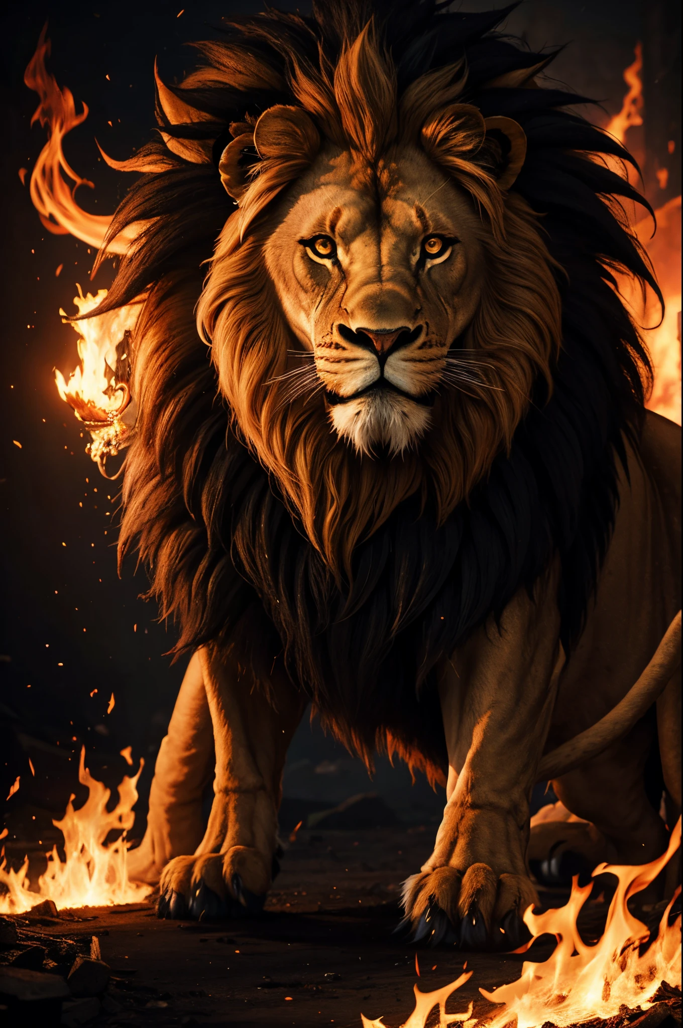 nightmare beast lion, flames, best quality, cinematic lighting, beautiful