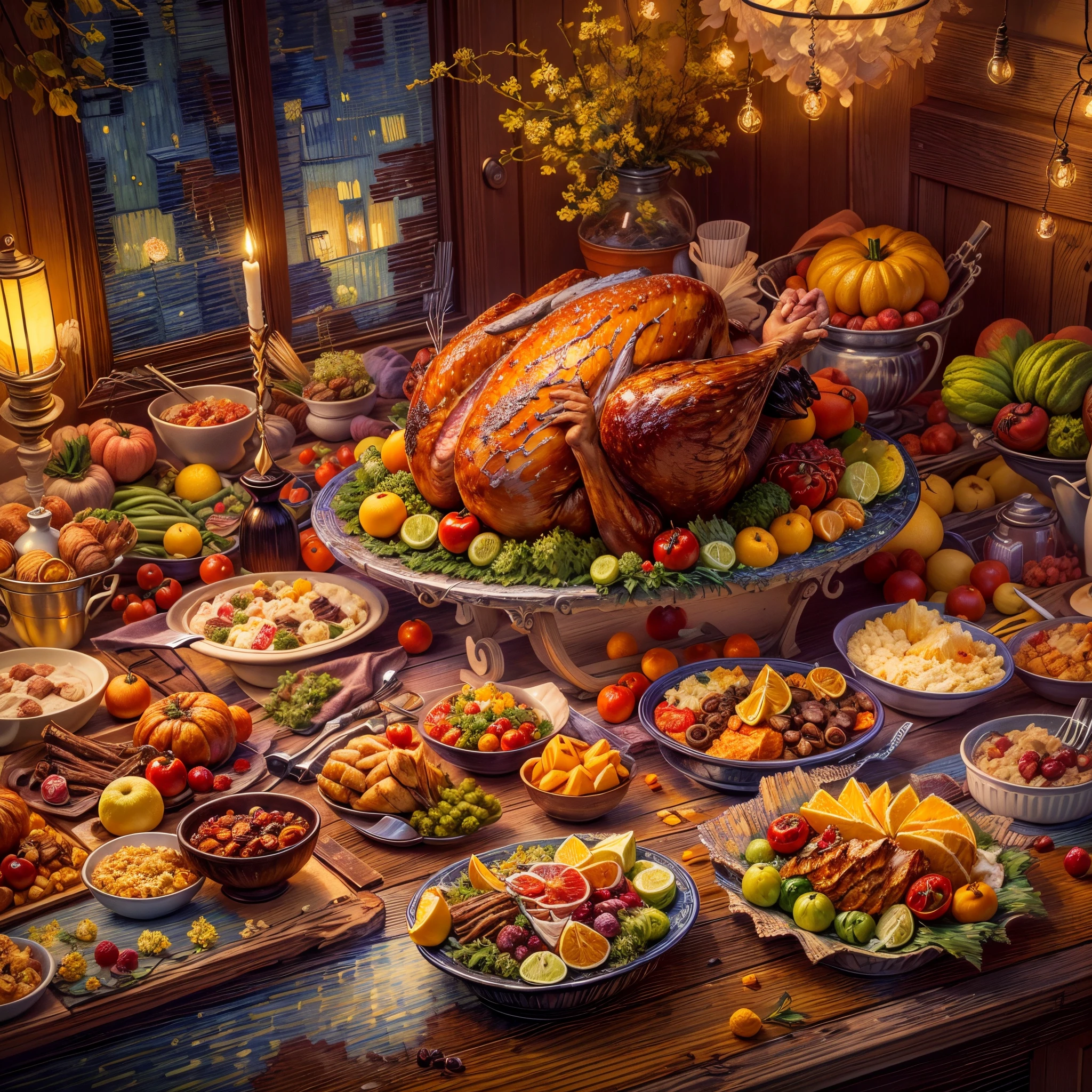 (tmasterpiece),(ultra - detailed:1.3),Best quality,(Sparkling:1.2),(Dream World:1.4),(Van Gogh style turkey platter: 1.5),(the moon is empty),Delicious Thanksgiving turkey,Tomates, lettuce, ketchup, cheese splash, Thanksgiving Roast Turkey Style, and other decorations, A world of dreams, Cute cartoon design style, natta,sky sky,moon full,without humans,Vibrant colors,bright,1.4x realism,hyper HD,All shown in this beautiful scene,(The content is very detailed,Reasonable design,Clear lines,High- sharpness,tmasterpiece,offcial art,movie light effect,8K)