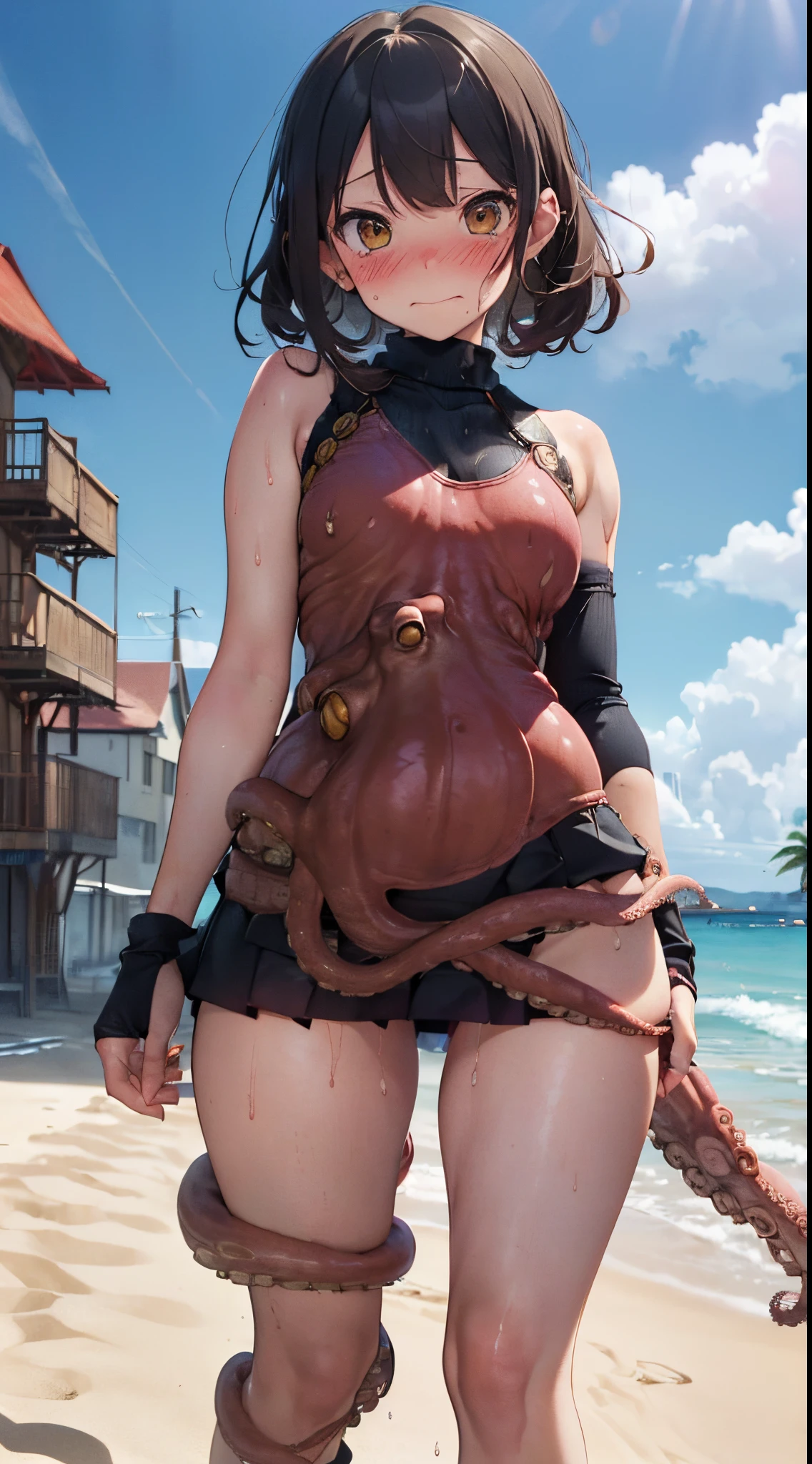 One lady,ar old, ,(((blushed face))), ((Octopus tentacles)), (((octopus)))((I'm opening my mouth)),((a miniskirt, body suit))(Happy Ahe Face),Wet with sweat,(A dark-haired,),((sand beach,,))((Clothes are torn))