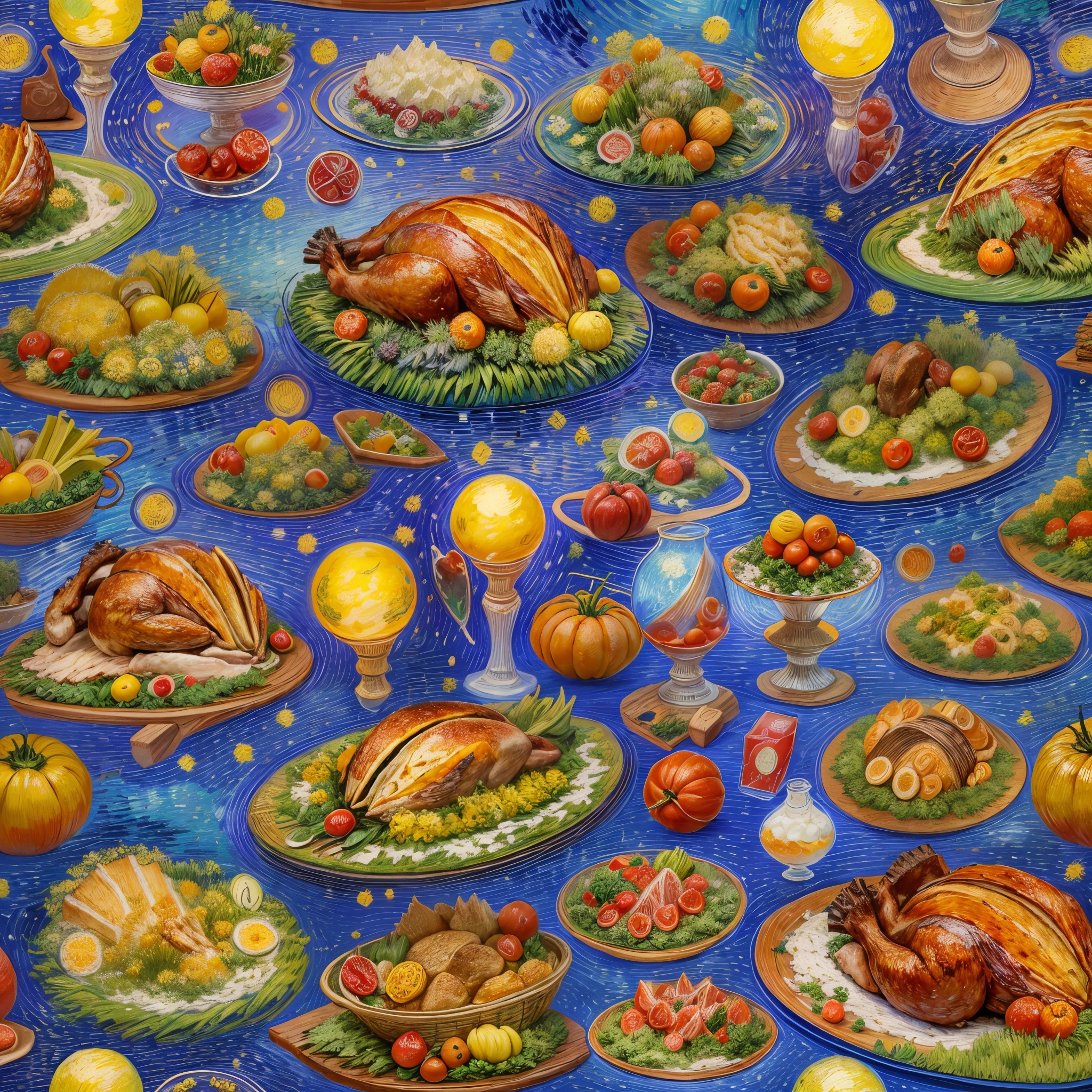 (tmasterpiece),(ultra - detailed:1.3),Best quality,(Sparkling:1.2),(Dream World:1.4),(Van Gogh style turkey platter: 1.5),(the moon is empty),Delicious Thanksgiving turkey,Tomates, lettuce, ketchup, cheese splash, Hamburg style, and other decorations, A world of dreams, Cute cartoon design style, natta,sky sky,moon full,without humans,Vibrant colors,bright,1.4x more realism,hyper HD,All shown in this beautiful scene,(The content is very detailed,Reasonable design,Clear lines,High- sharpness,tmasterpiece,offcial art,movie light effect,8K)
