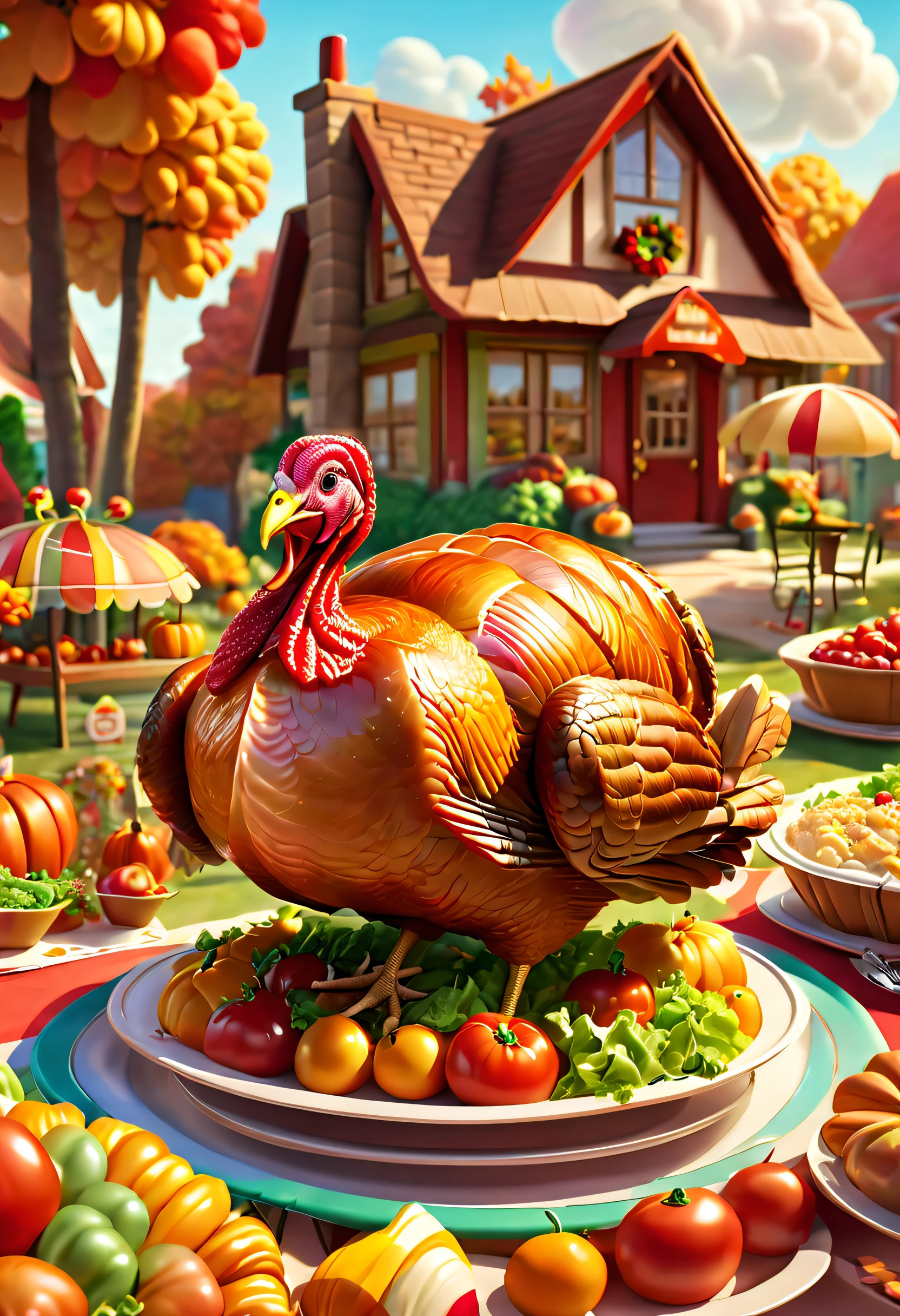 (Thanksgiving Turkey Plate Style Cottage: 1.5), The roof is made of turkey meat and onions, Tomates, lettuce, ketchup, cheese splash, Hamburg style, and other decorations, A world of dreams, Cute cartoon design style, Bubble Mart, claymaterial, natural lightting, tilt shift lens, Detailed science fiction illustration, surreal details, Dotted, tiltshift, clean solid color background