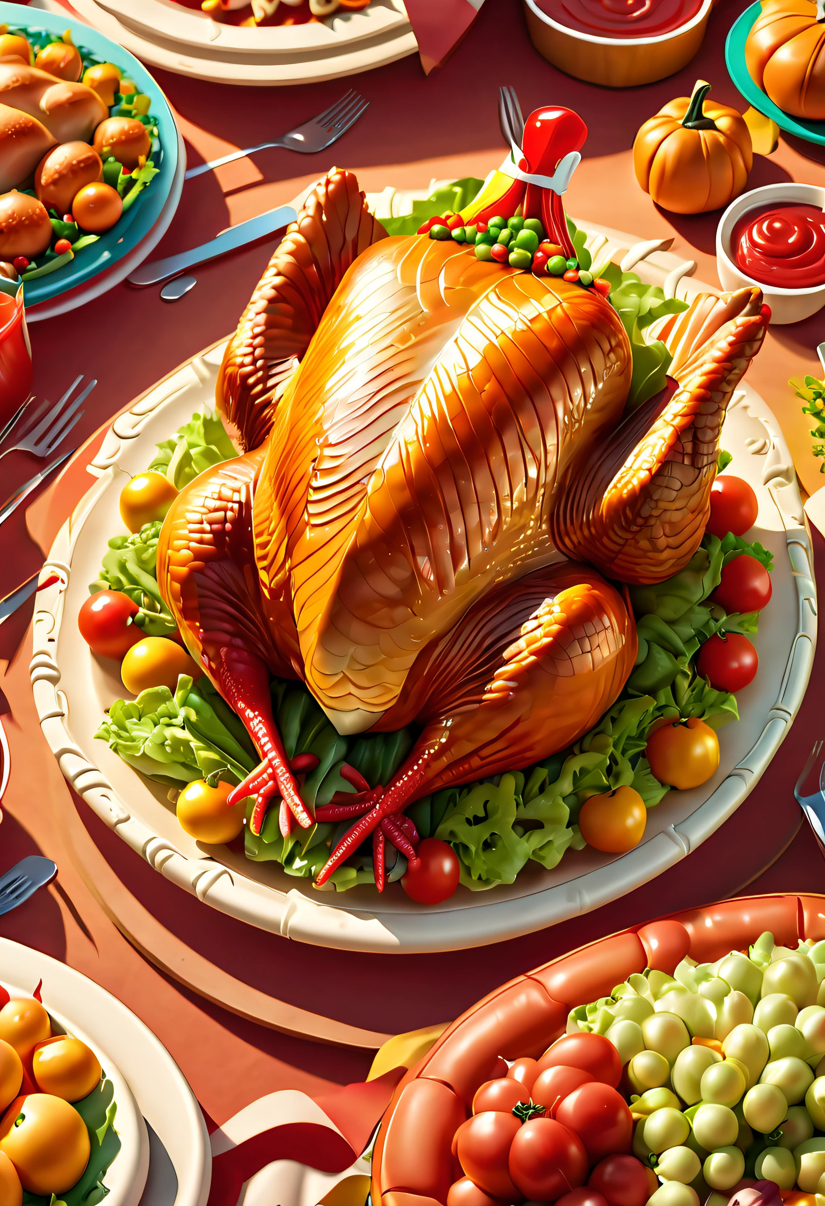 (Thanksgiving Turkey Plate Style Cottage: 1.5), The roof is made of turkey meat and onions, Tomates, lettuce, ketchup, cheese splash, Hamburg style, and other decorations, A world of dreams, Cute cartoon design style, Bubble Mart, claymaterial, natural lightting, tilt shift lens, Detailed science fiction illustration, surreal details, Dotted, tiltshift, clean solid color background