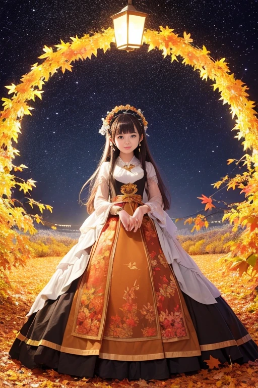 top-quality、超A high resolution、独奏、Princess of the land of autumn leaves、The capital of autumn leaves、Standing in the illuminated maple tunnel、