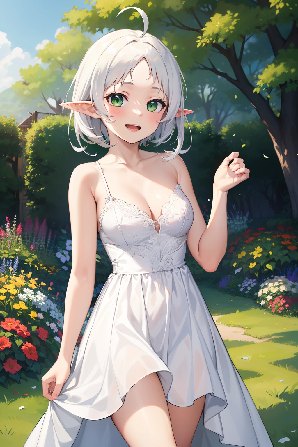 Erotic, 18+, nsfw, masterpiece, best quality, highres, aarurutie,1girl, wedding dress, white dress, standing, garden, smile, open mouth, short white hair, ahoge, elf ears, green eyes