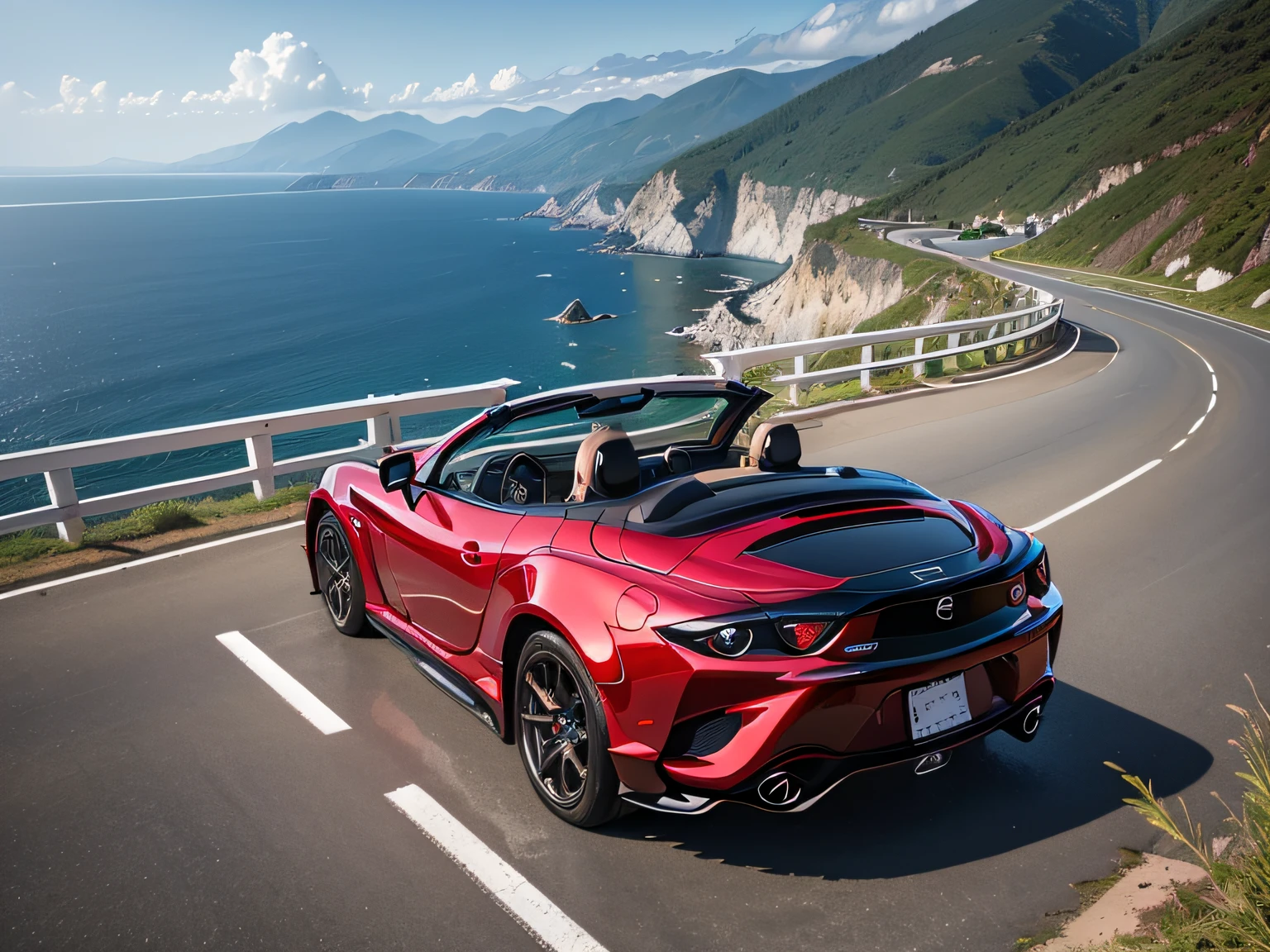 超A high resolution、An ultra-high picture quality、8K、Detailed details、marvelous expression、early summer coastline、Beautiful fresh greenery and lapping waves、A red car runs gracefully on the mountain pass road along the coast.....、((Mazda RX-9 Convertible 2023 ))