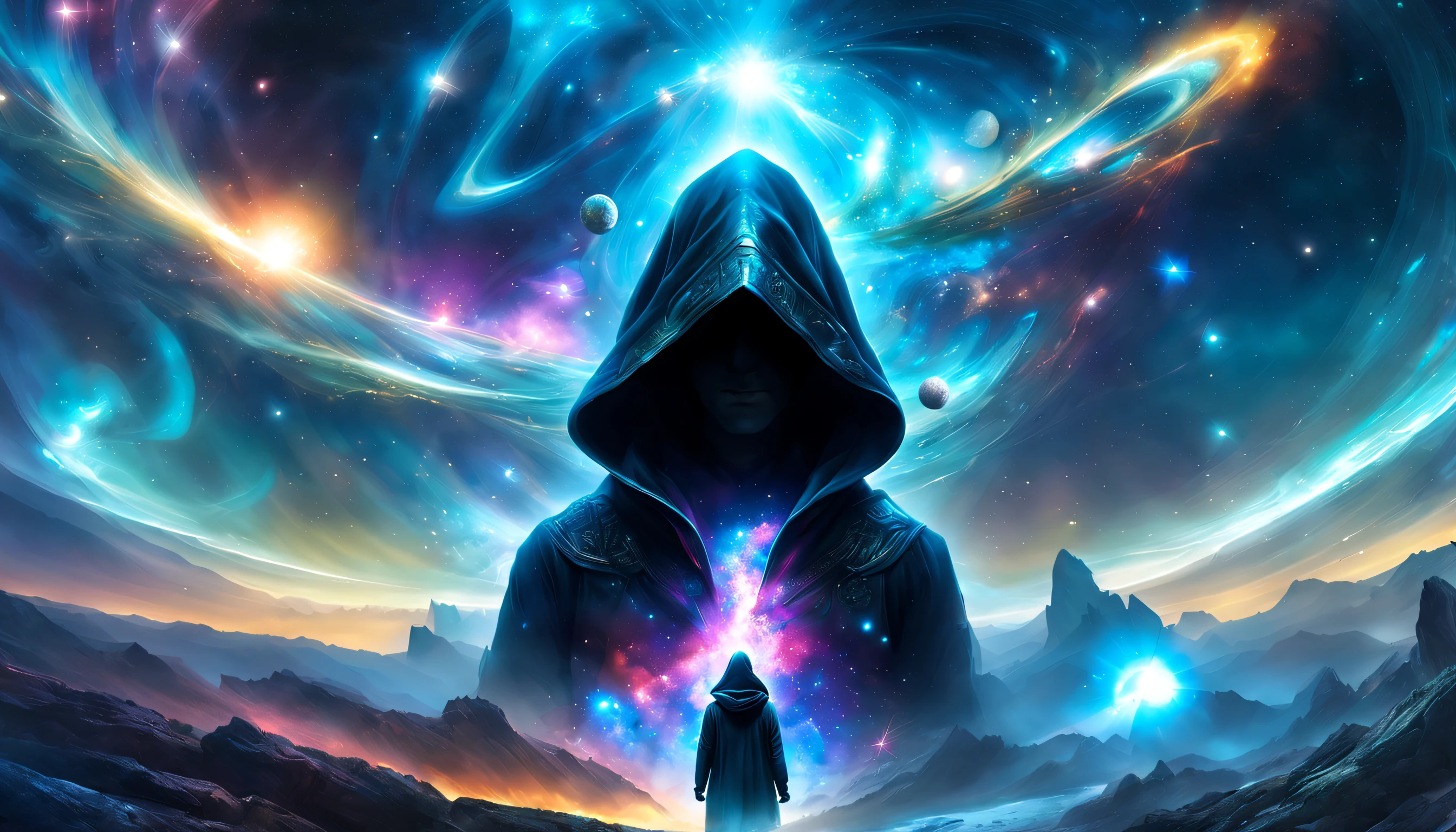 view from afar where a hooded human meditation in surrealistic art by Alexander Jansson and Aleksi Briclot and Arnold Böcklin, Sensual and esoteric and space etherial surrealistic futuristic and ritual style masterpiece UHD 8k, background etherial galactic nebula, UHD, details, unzoomed