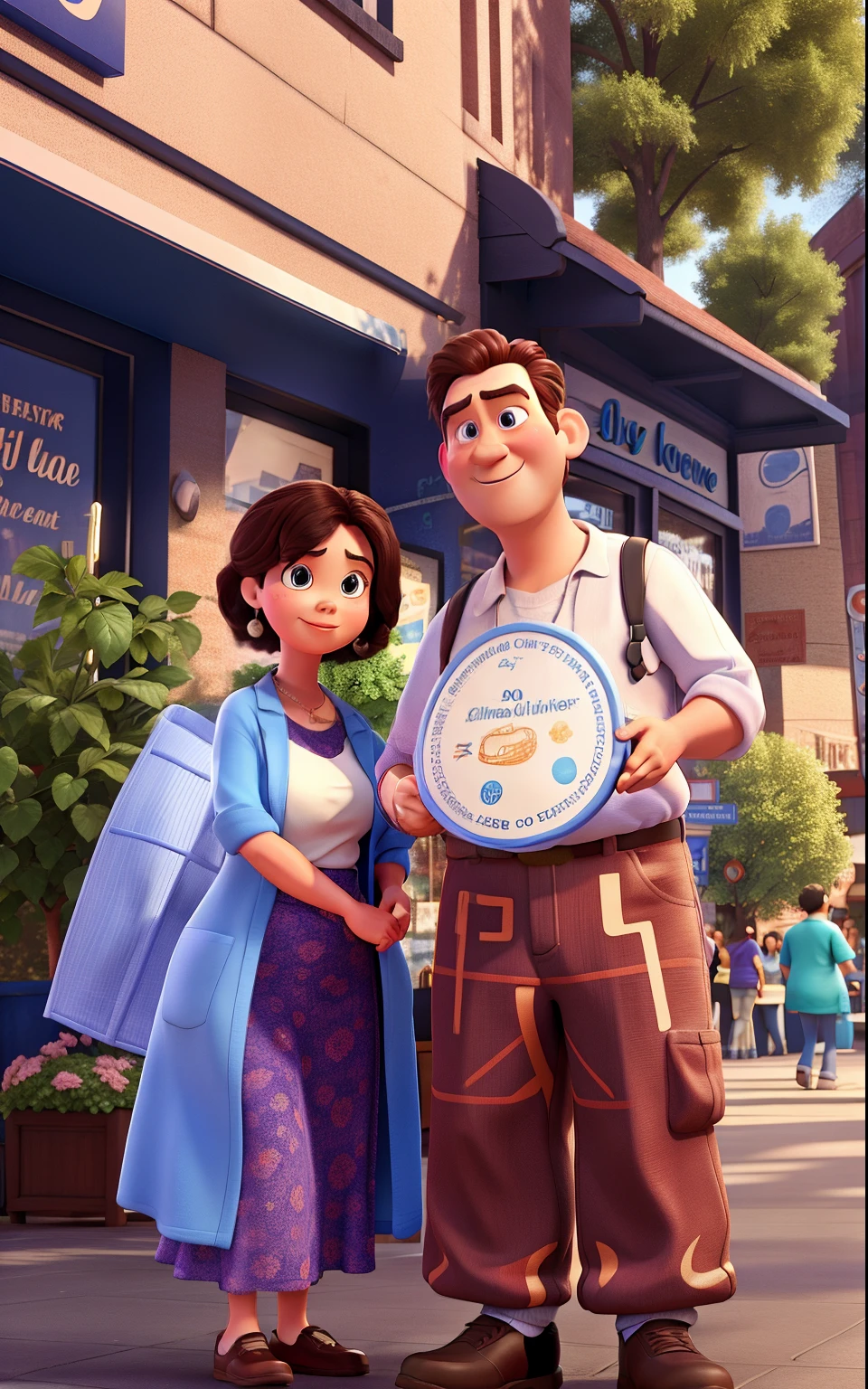 Pixar 3D-style drawing of a slimming clinic in the city center with a character in the foreground