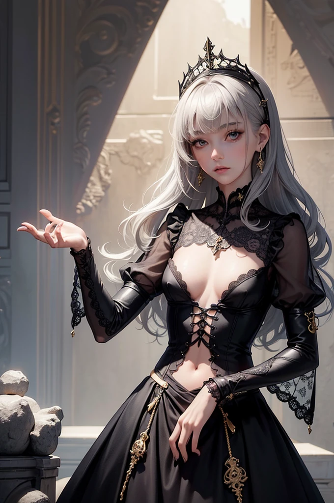 (masterpiece),ultra detaile,best quality,nsfw,nipple,(beautiful skinny well-groomed face--girl),fantasy,delicate black gothic-lace dress&eyes&gold ornaments&head-wear,long silver wavy hair,shining cold eyes&skin,small bresats,navel,bangs down,