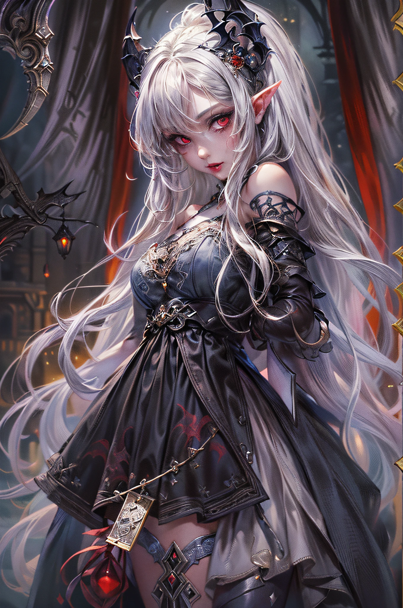 arafed, dark fantasy art, gothic art, (masterpiece:1.5), full body best details, highly detailed, best quality, highres, full body portrait of a vampire, elf (1.6, Masterpiece, best quality), ultra feminine (1.4 intricate details, Masterpiece, best quality) with a long curvy hair, dark color hair, red eyes (1.3 fantasy art, Masterpiece, best quality), ((beautiful delicate face)), Ultra Detailed Face (1.4 intricate details, fantasy art, Masterpiece, best quality), [visible sharp vampiric fangs] (1.6 intricate details, fantasy art, Masterpiece, best quality), [anatomically correct] red cloak, flowing cloak (1.4 intricate details, fantasy art, Masterpiece, best quality), wearing an intricate leather [white] dress (1.4 intricate details, gothic art, Masterpiece, best quality), high heeled boots, blood dripping on lips, urban background (intense details, beat details), fantasy, at night light, natural ,moon light, soft moon light, moon rays, clouds, gothic atmosphere, gothic street background, bats flying in background, soft light, dynamic light, [[anatomically correct]], high details, best quality, 8k, [ultra detailed], masterpiece, best quality, (extremely detailed), dynamic angle, ultra wide shot, RAW, photorealistic, zrpgstyle