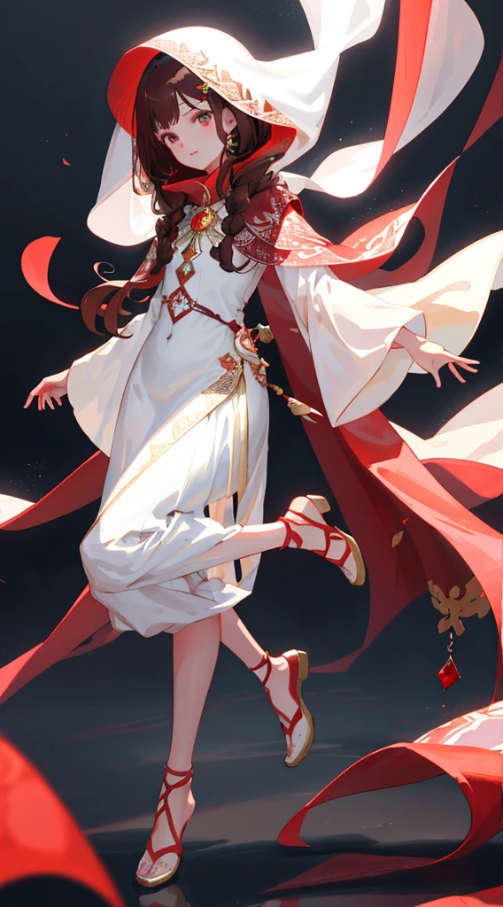 （（8K masterpiece）），Best quality at best，The content is very detailed，（1 girl），Brown hair long，delicated face，The eyes are bright，wide angles，veil effect。Full body design concept，clothes details，white and red dress，cloaks，gemstones for hair，