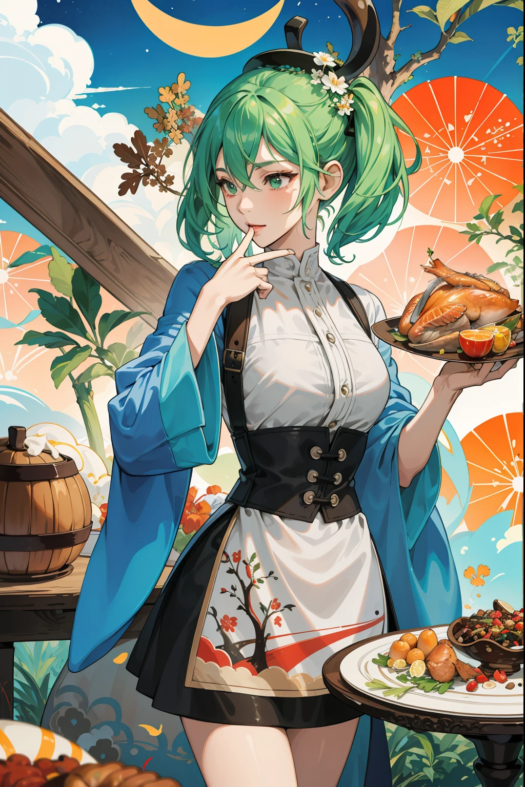 （hoang lap，A high resolution，ultra - detailed），（1girll，Green hair，Holding a turkey ready to eat，roasted turkey，cowboy lens），BREAK psychedelic art，vivd colour，Swirling pattern，optical illusions，Hallucinatory vision，Images that expand your thinking，Counterculture influences BREAK ambiguity，symmetrical design，spinning illusion，The art of calligraphy，Visual word play，Creative typography，Art puzzleBREAK，Turkey on the table，delicacies，Delicious food，Gastronomic experience，Refreshing drink，International cuisine，food culture